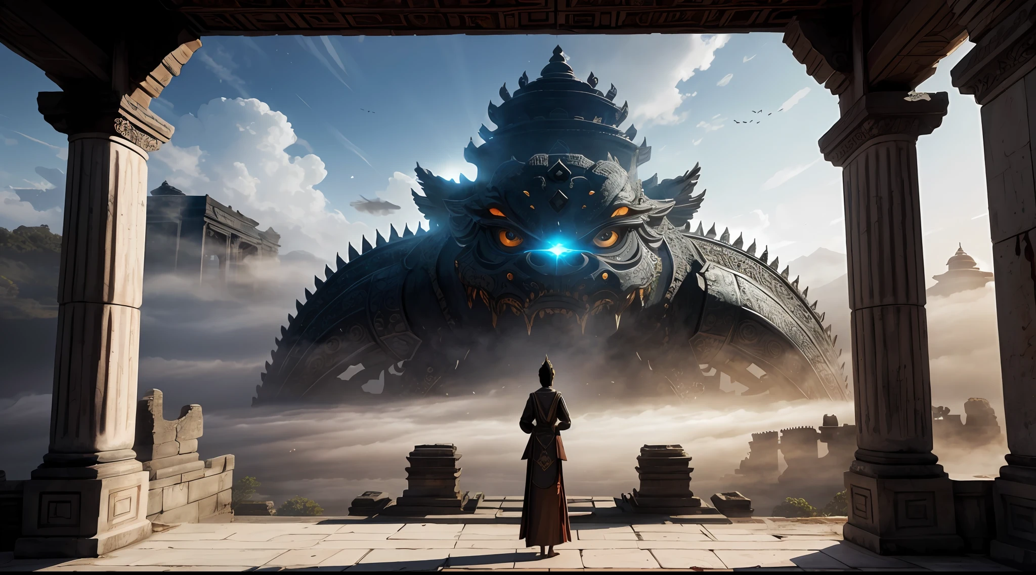 absurd, realistic lighting, (abyss) masterpiece, high quality, beautiful graphics, high detail, dressed woman, extremely refined and beautiful, amazing, fine detail, masterpiece, hyper-detail, high resolution, (best illustration), (best shadow), intricate, ancient landscape, thousand hands bodhisattva, temple, (mysterious black fog), journey to the west, ((corpse), ((ancient monster)), (ruins), (battlefield), (blood stain), glazed tiles, Buddha statue, lantern,