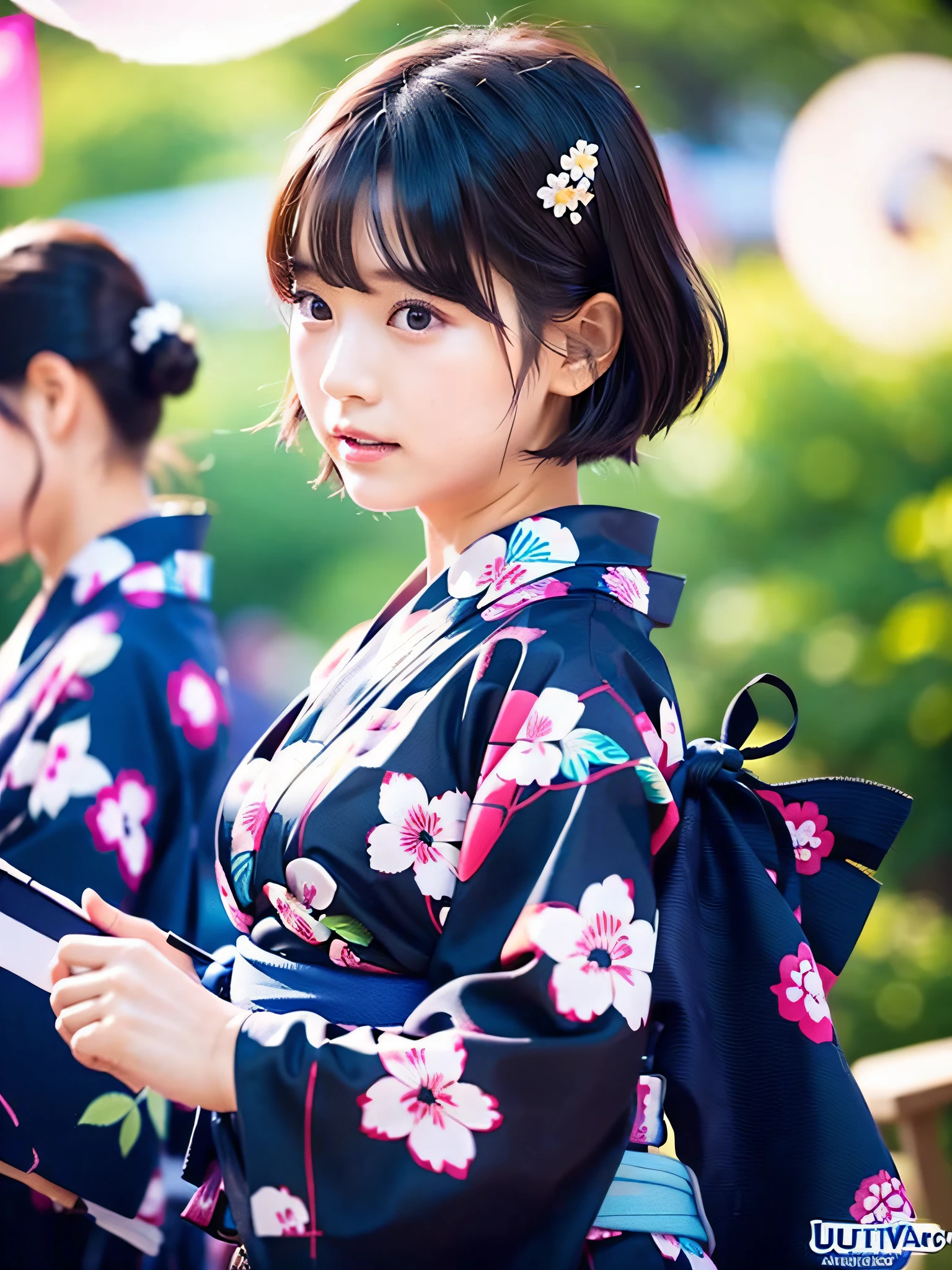 HDTV, 8K, masterpiece, UHD, Japanese female, 1 girl, beautiful girl, 15 years old, short black hair fluttering in the wind, bangs, (Yukata:1.2), summer festival,