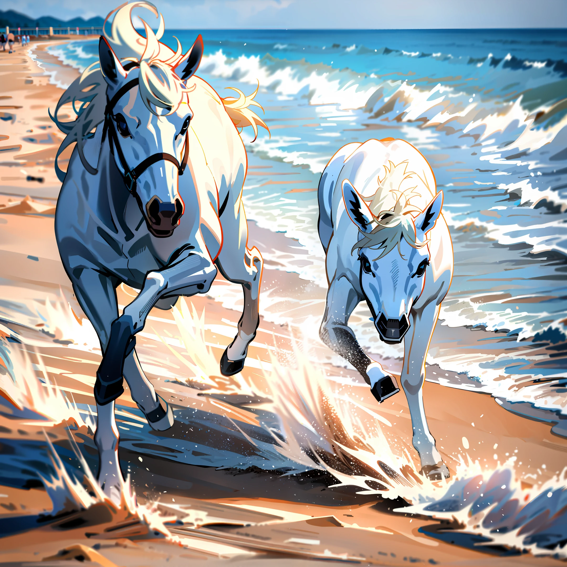 White horse running on beach sand
