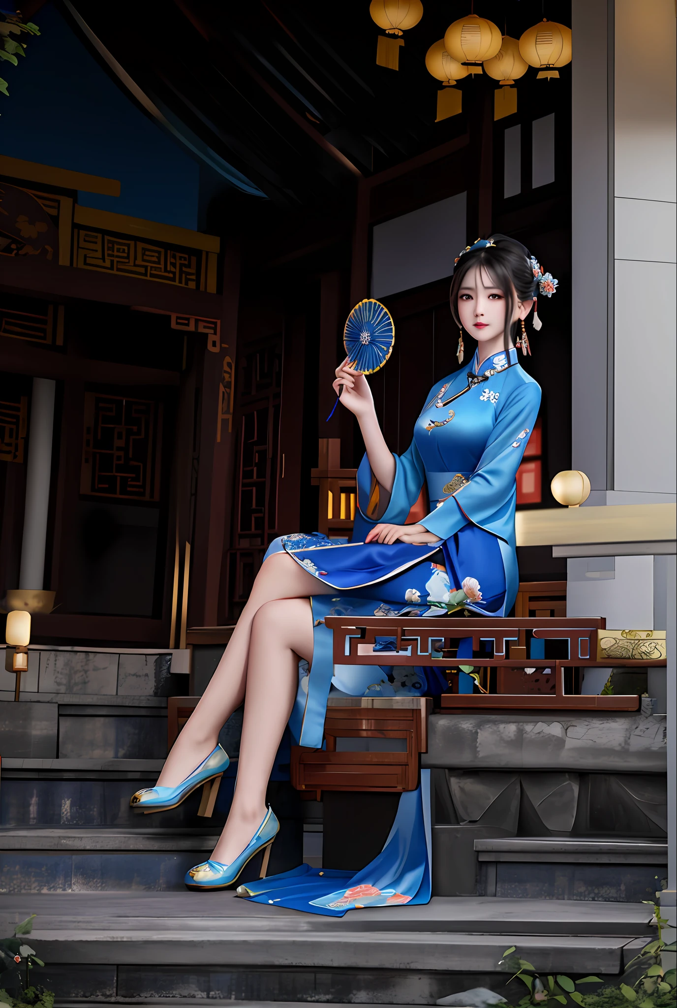 there is a woman sitting on a porch holding a fan, wearing a blue qipao dress, cheongsam, in a blue qipao, with acient chinese clothes, chinese woman, chinese girl, traditional chinese clothing, chinese dress, traditional chinese, chinese style, palace , a girl in hanfu, beautiful asian woman sitting, elegant japanese woman, elegant pose