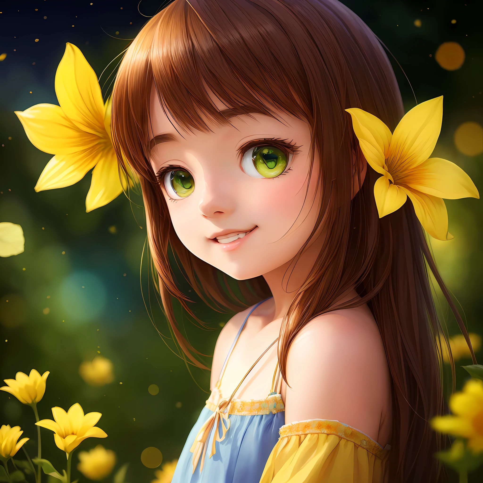 anime girl with flowers in her hair in a field of flowers, beautiful sunflower anime girl, kawaii realistic portrait, cute anime girl portraits, cute anime girl portrait, cute digital art, adorable digital painting, cute detailed digital art, realistic cute girl painting, cute anime girl, portrait of cute anime girl, beautiful anime girl, realistic anime artstyle, portrait anime girl