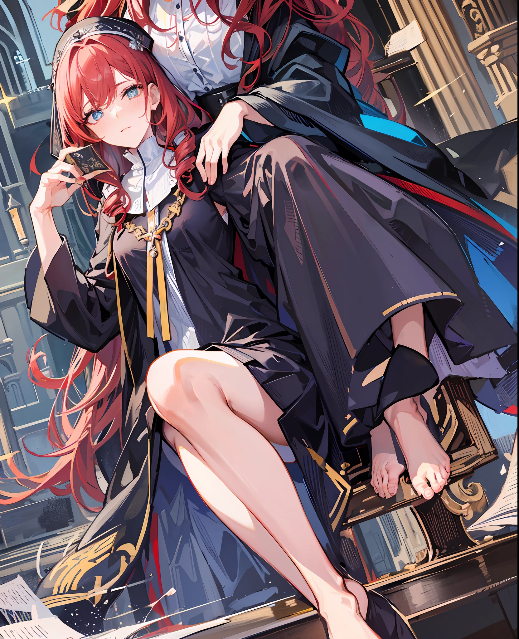 Mature woman, sitting on chair, barefoot, elegant, long skirt, close up of feet, church, nun dress, long skirt, red hair, curly hair, mature royal sister, fluid stockings close-up, flushed face, elegant hairpin coiled hair, front bulge and back upturn, cold face, reading, European face, blue pupils