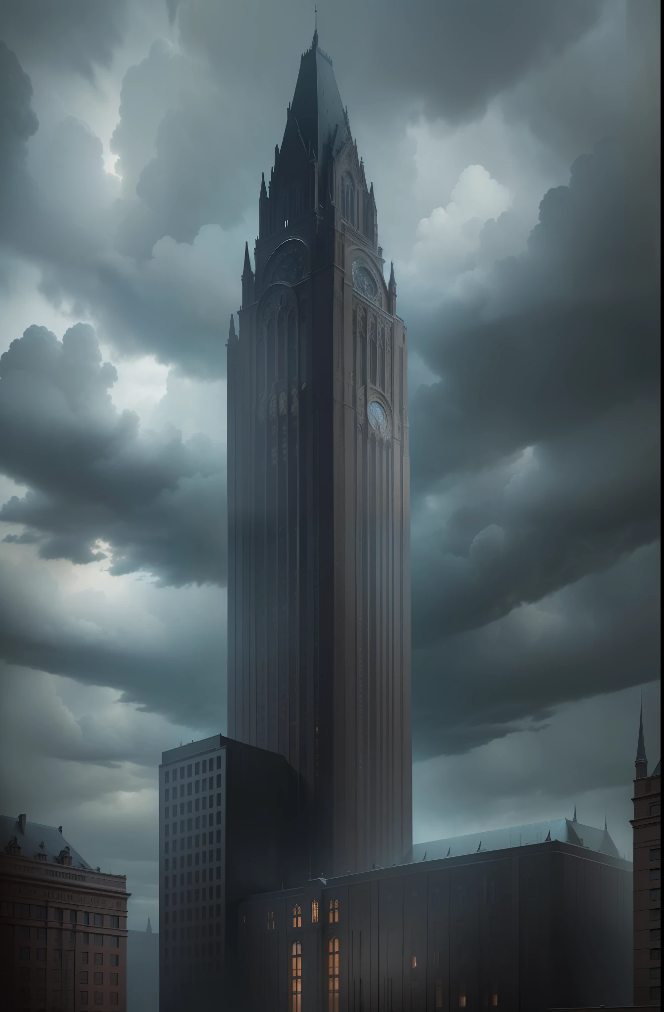 "(Extremely detailed architecture, masterpiece, best quality, impeccable attention to detail),(realistic brick texture, skyscraper),(gloomy sky, dramatic sky, dark clouds, dark and gloomy atmosphere)."