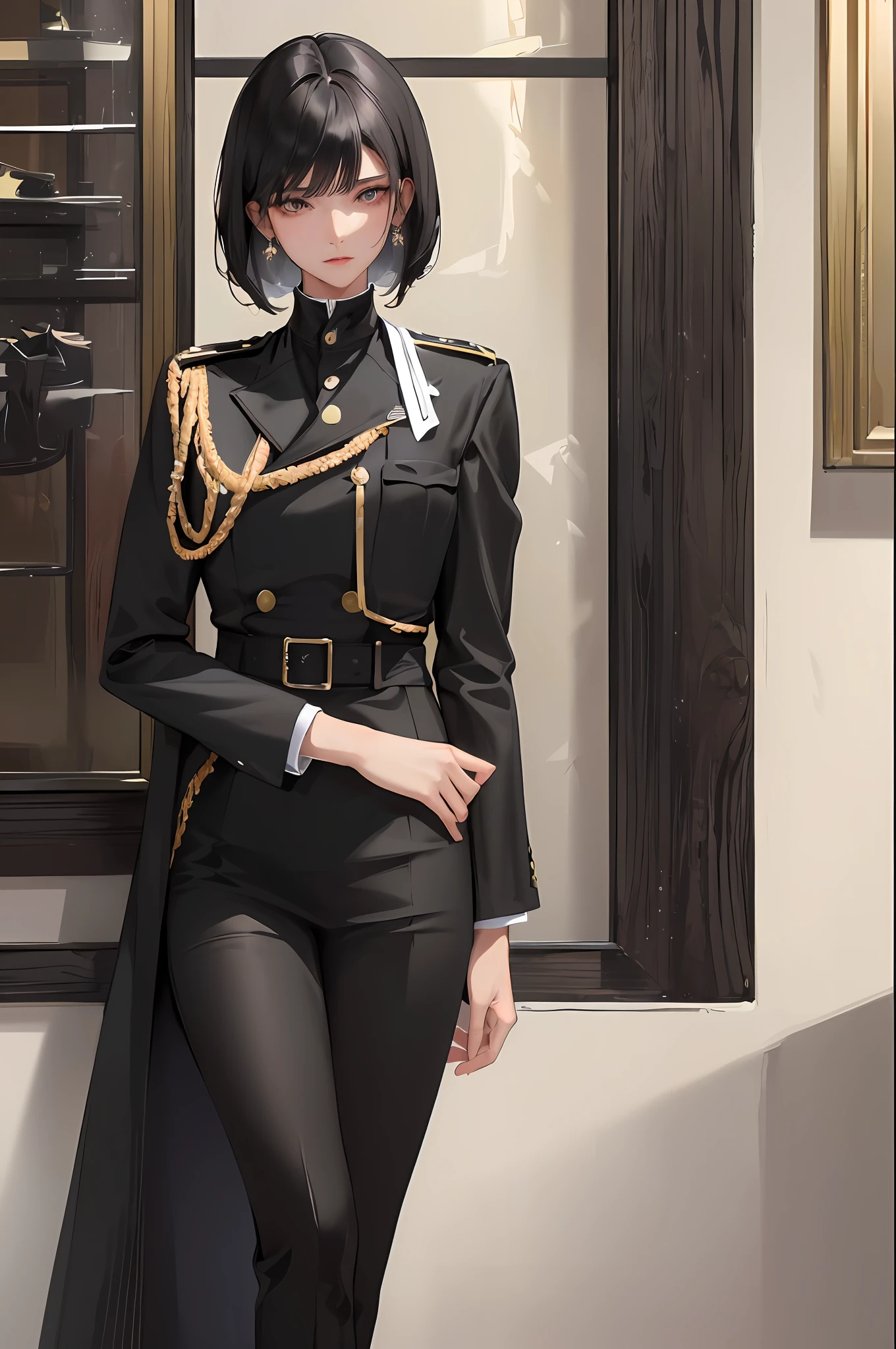 (highest resolution, distinct_image) best quality, woman, masterpiece, high detail, semi-realistic, short black hair, black hair, bangs, 21 years old, mature, young, black clothes, black uniform, black military cap, military academy beauty heroic posture Interior background exquisite and delicate facial features, hands make gestures to give heart