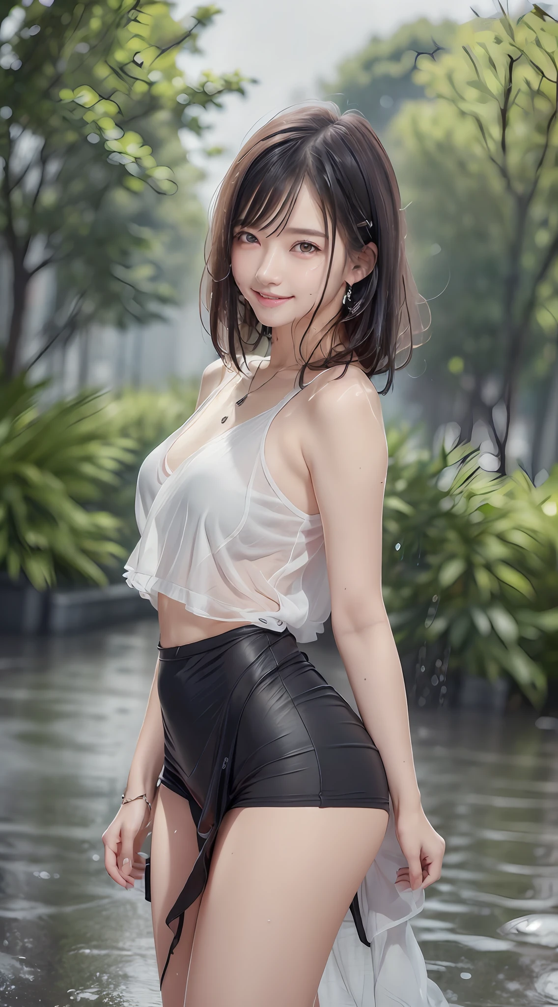 ((Best Quality, 8k, Masterpiece:1.3)), Focus:1.2, Perfect Body Beauty:1.4, Buttocks:1.2, (Layered Haircut,:1.2)), (Wet Clothes:1.1), (Rain, Street:1.3), Black and White, Clear Clothes Highly detailed face and skin texture, Delicate eyes, Double eyelids, whitening skin, long hair, smile, necklace, bracelet, earrings,