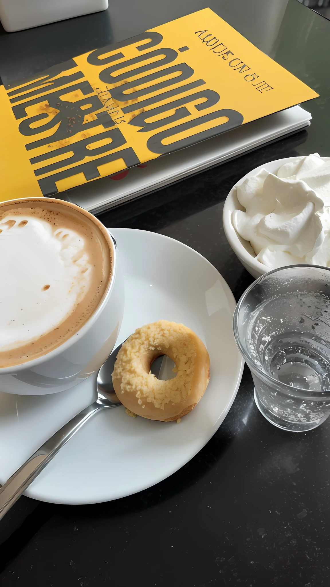 There is a cup of coffee and a doughnut on a plate, coffee, explorable image, breakfast, filmed in Leica SL2, shot with Sony Alpha 1 camera, cappuccino, in a bright café, perfect detail, mixed art, nice composition, in a coffee shop, coffee, absolutely, composition close to the middle, taken with Sony Alpha 9, excellent detail in luxury style in Paris