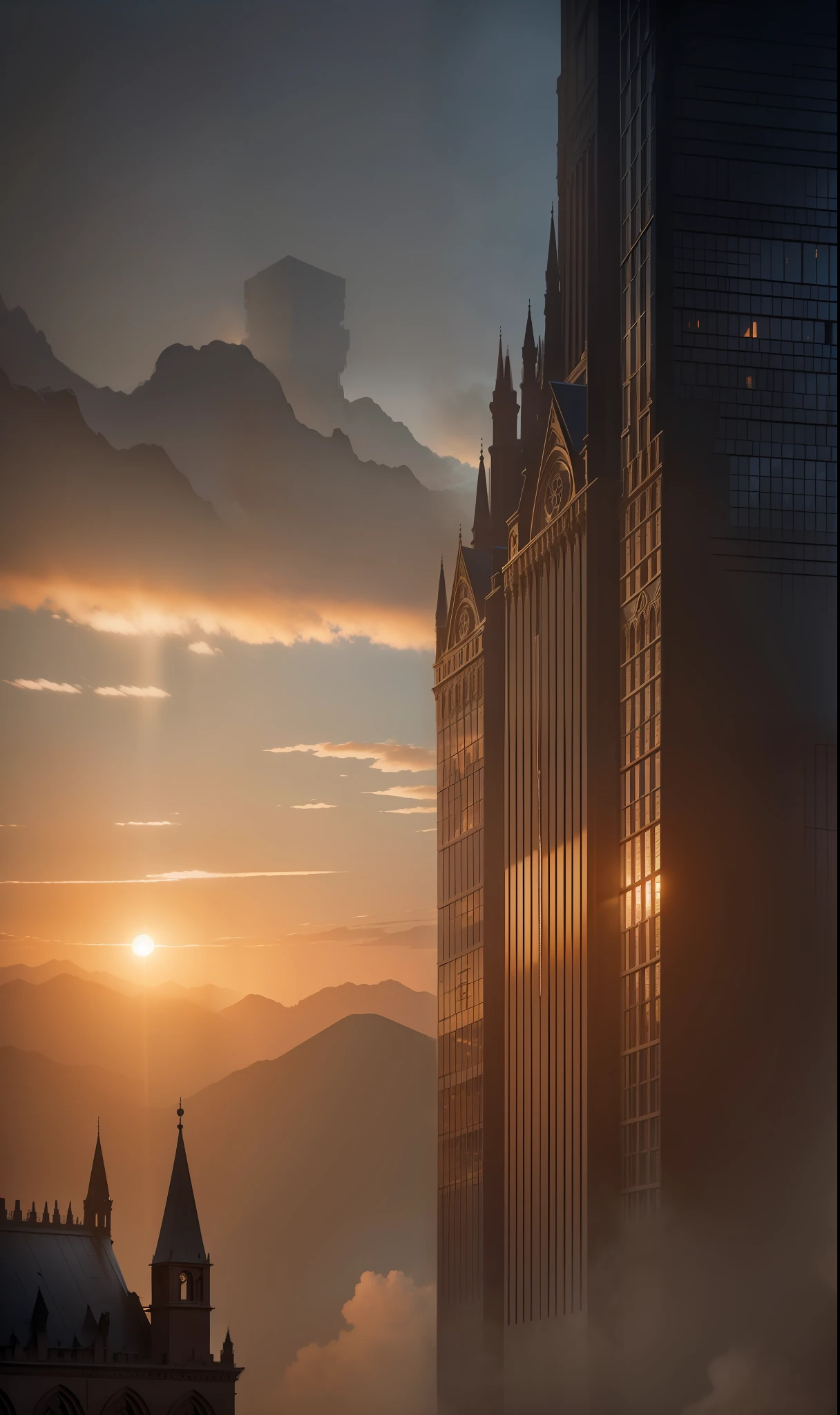 As the sun sets behind the jagged peaks, casting a shadow over the land, a towering marvel of medieval architecture emerges from the mist. Behold, a magnificent skyscraper built not of steel and glass, but of weathered bricks intricately arranged to create a breathtaking sight. Every brick tells a story, every archway beckons with mystery, and every window stands as a silent witness to the passage of time. Underneath the dark and gloomy sky, this ultra-realistic marvel of craftsmanship stands as a testament to human ingenuity and a reminder of a bygone era.
