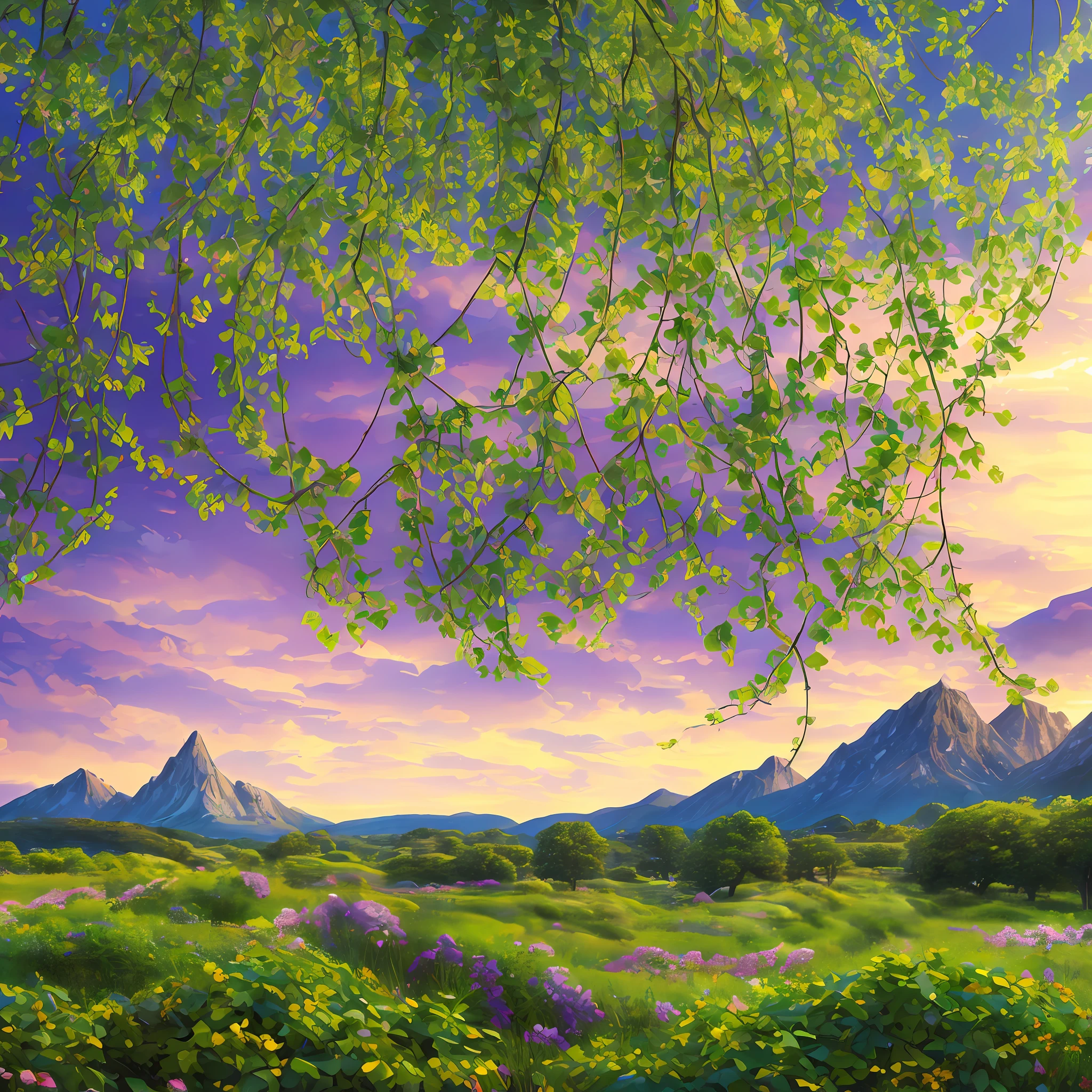 Computer Rendered Graphics, Realistic Fantasy, Extensive Landscape Ultra-Photography (general view showing mountains, rocks, ivy, shore, sky, huge ivy vortex in the distance), blurred background, gloomy, yellow, green, purple background, pink, warm, magic, "Hyper-realistic textures," "Precise details," "Realistic still life," "Realistic portraits," "Realistic landscapes." --auto --s2