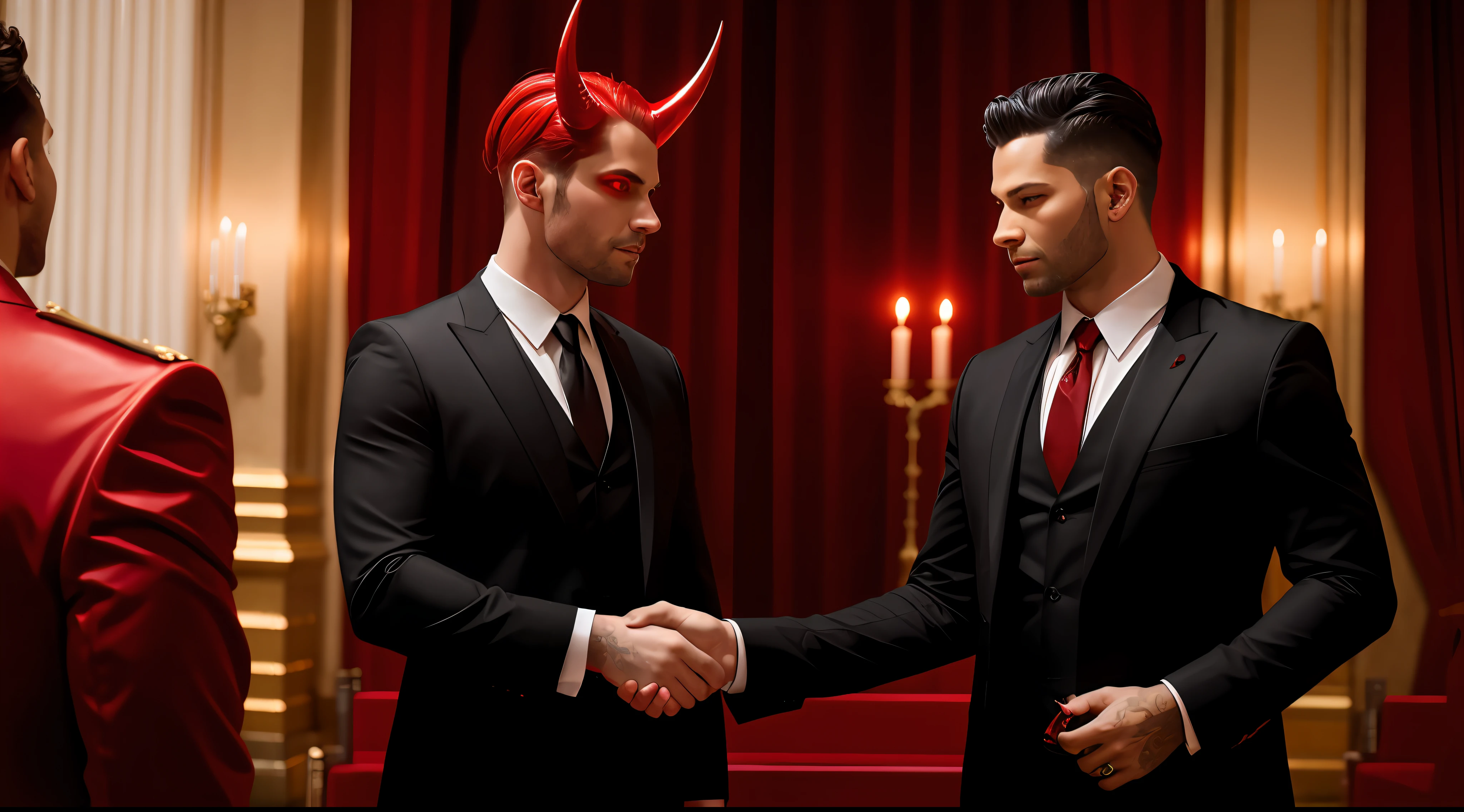 Lucifer red eyes, glazed look, suit, horn, in a purgatory, shaking a person's hand, satanic pact, 2mans