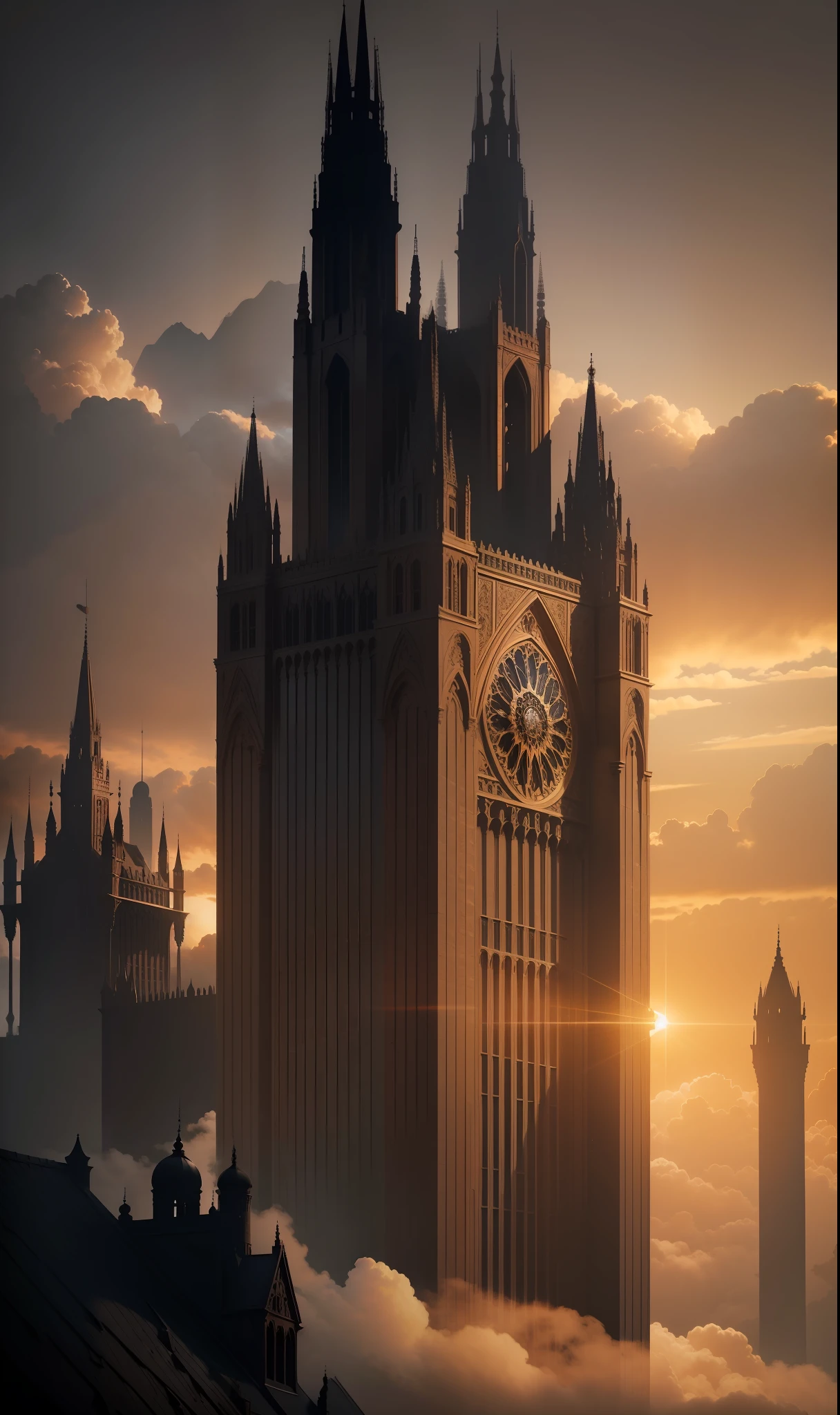 As the sun sets behind the jagged peaks, casting a shadow over the land, a towering marvel of medieval architecture emerges from the mist. Behold, a magnificent skyscraper built not of steel and glass, but of weathered bricks intricately arranged to create a breathtaking sight. Every brick tells a story, every archway beckons with mystery, and every window stands as a silent witness to the passage of time. Underneath the dark and gloomy sky, this ultra-realistic marvel of craftsmanship stands as a testament to human ingenuity and a reminder of a bygone era.