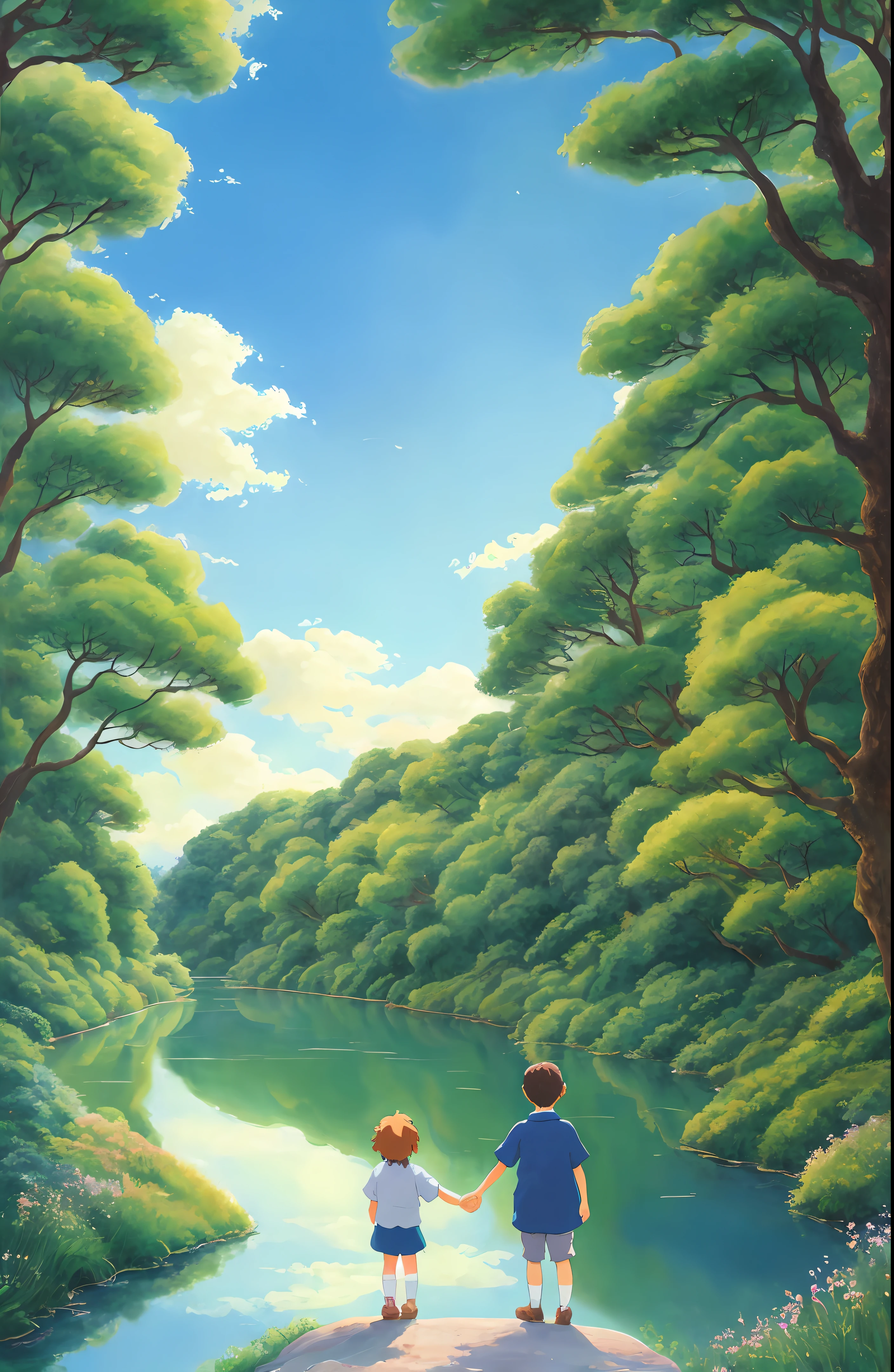 Ghibli style, oil painting create a children's book style image: two a boy and a girl children holding hands, looking up at the sky with curious and fascinated expressions. A river of and the verdant scenery bring a sense of peace and serenity. white background.