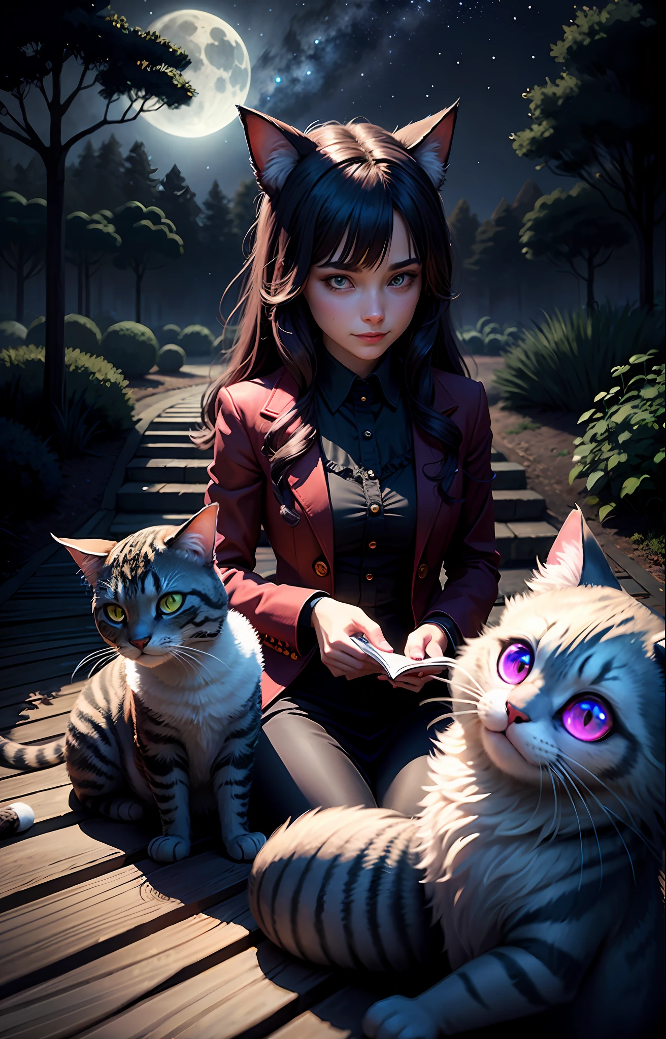 "Draw the ultra-realistic Cheshire Cat and Alice from Wonderland in a mysterious and enigmatic scene with a dark, nocturnal background. Create an atmosphere of mystery and surprise that captures the essence of this duo, where Alice is fascinated with the cat, while he smiles at her with his enigmatic smile. Use a dark color palette to highlight the night, but add details to highlight the cat's red eyes, and striped coat. Create a curious pose for Alice, as if she were wondering what to do or where to go, and a relaxed and elegant pose for the cat. Add details to the nighttime environment, such as starlight and moonlight, tree branches and shrubs, and a winding path that leads to an unknown destination, to create a magical and intriguing setting."