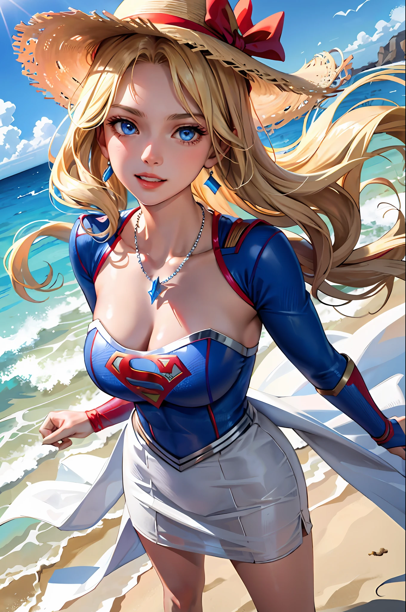 (Supergirl's masterpiece: 1.2, best quality), (1lady, solo, upper body: 1.2), Apparel: sexy white fluid maxi dress, wide-brimmed hat, strappy sandals, Accessories: shell necklace, Blonde hair: loose beach waves, Make up: natural, glowing skin, Behavior: relaxed, carefree, freespirited, Location: beach, resort, outdoor festival, red eyes, huge, blue eyes, Superman S symbol on chest