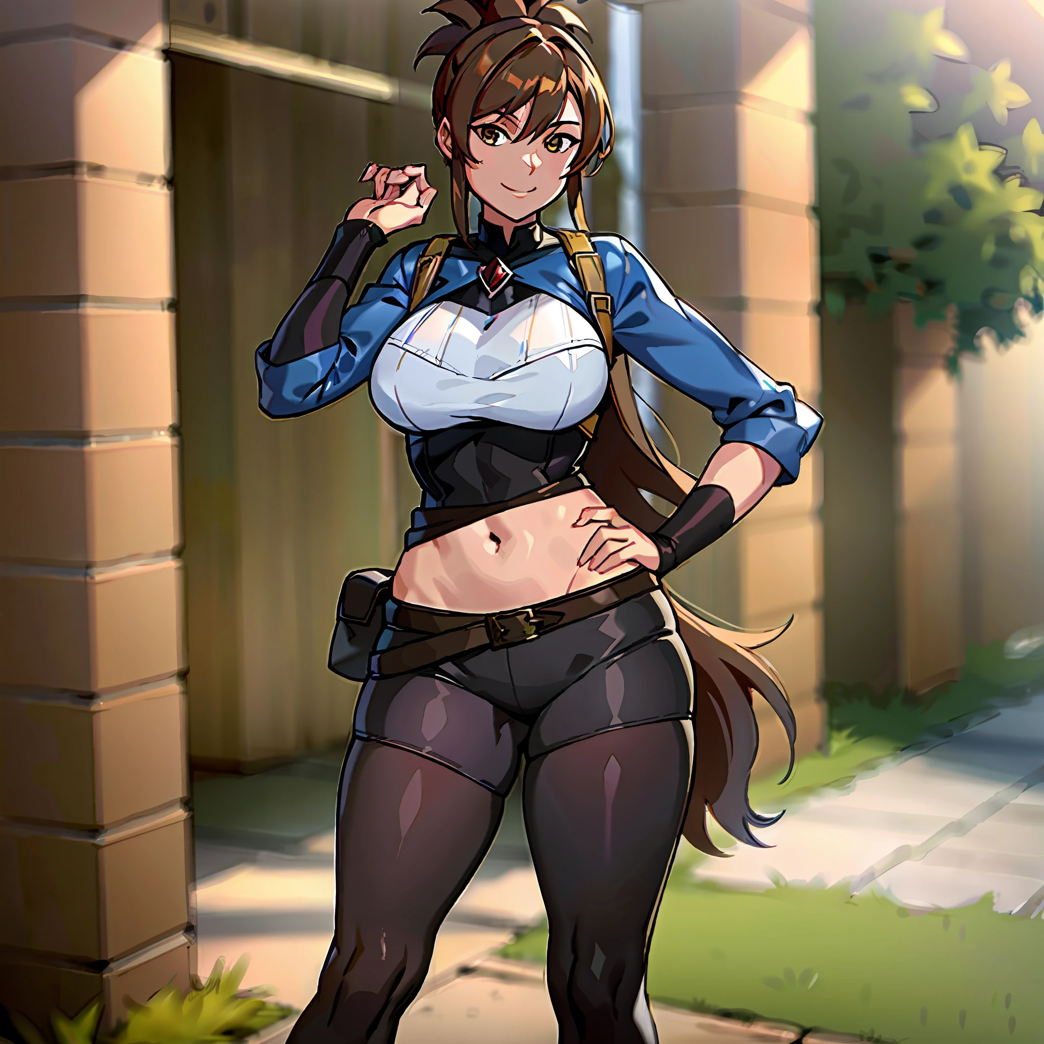 marci dota2, absurdres, high quality, best quality, 1girl, black pants, big breasts, solo, boots, standing, smile,hand on hip, brown eyes, looking at viewer, long sleeves, anime coloring, anime screencap, brown backpack, muslos grandes, wide hips, cuerpo de reloj de arena, trasero grande, venus body