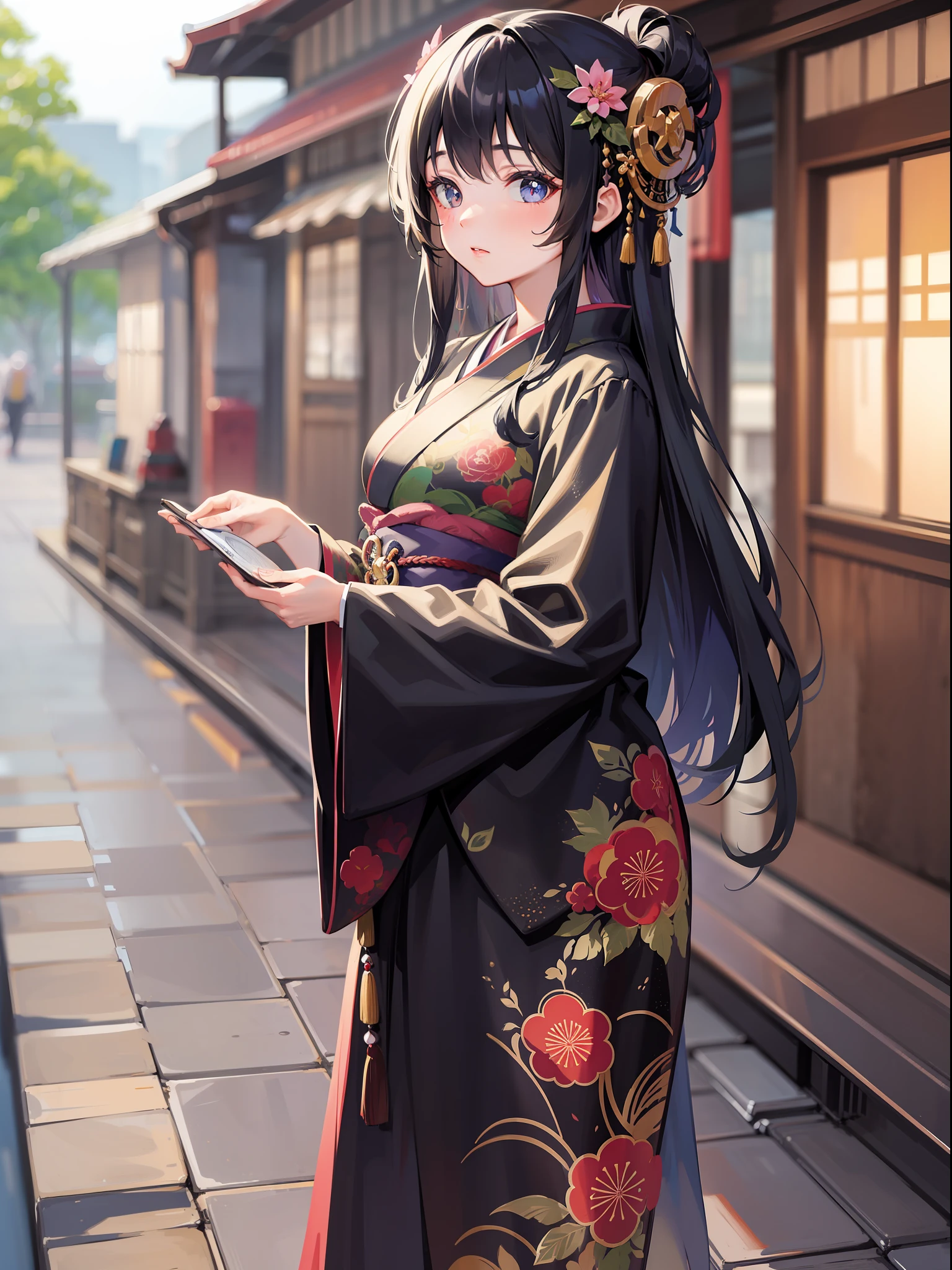 A beautiful [[beautiful Japanese]] girl with long [[long black hair]] wearing a kimono.--style Anime Girl