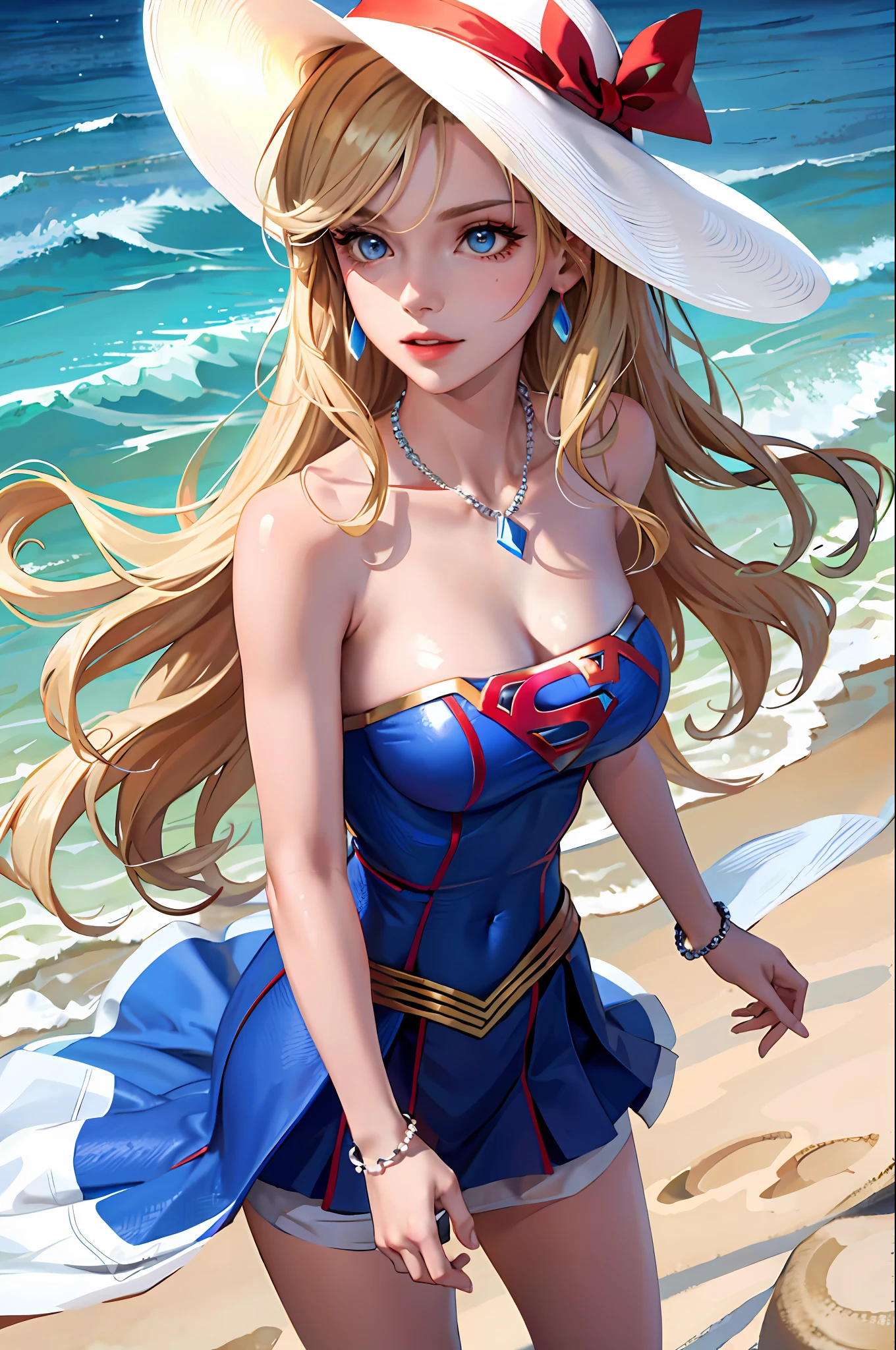 (Supergirl's masterpiece: 1.2, best quality), (1lady, solo, upper body: 1.2), Apparel: sexy white fluid maxi dress, wide-brimmed hat, strappy sandals, Accessories: shell necklace, Blonde hair: loose beach waves, Make up: natural, glowing skin, Behavior: relaxed, carefree, freespirited, Location: beach, resort, outdoor festival, red eyes, huge, blue eyes, Superman S symbol on chest