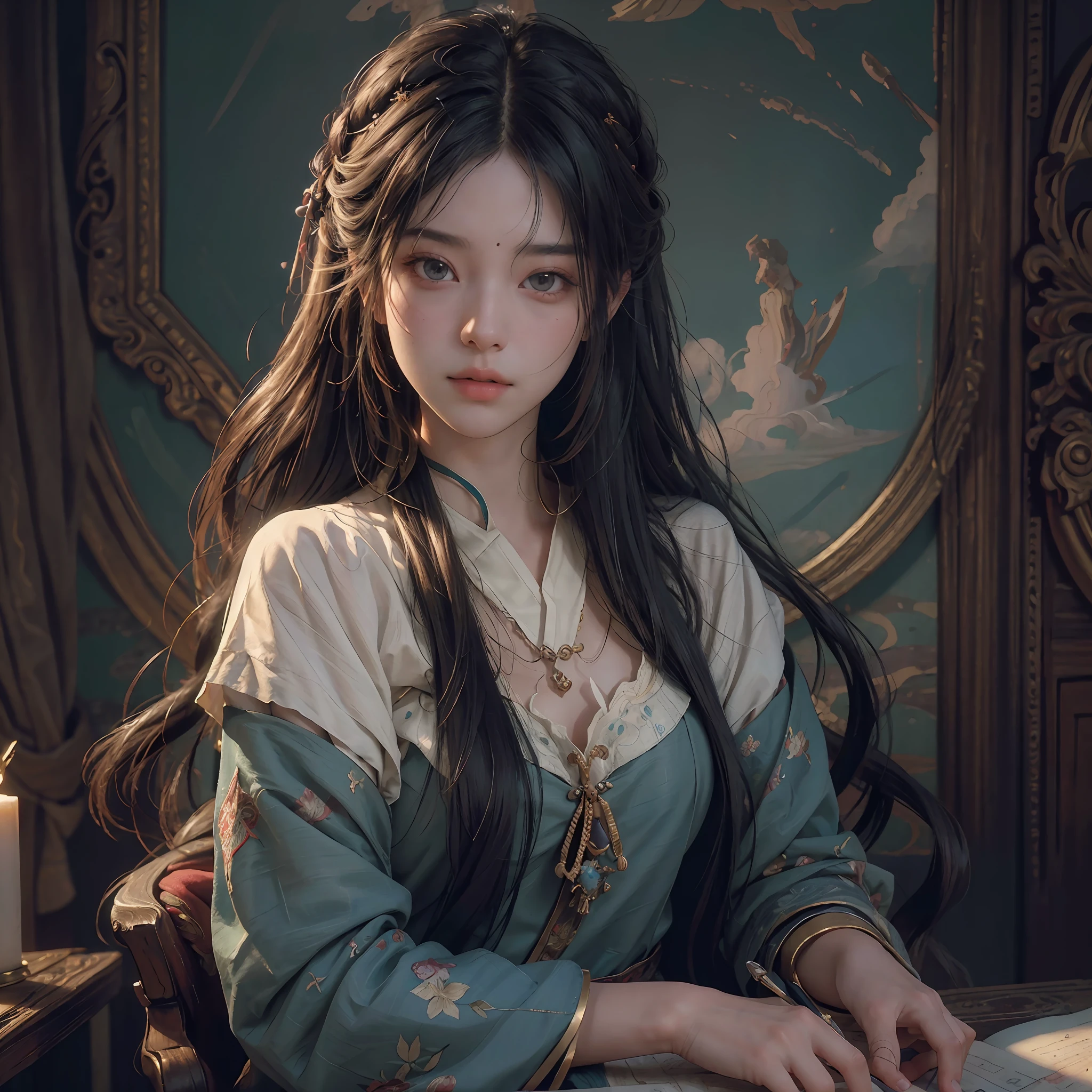 (RAW photo, best quality), (realistic, photo-realistic:1.3),best quality,highly detailed,masterpiece,ultra-detailed,illustration,1girl,upper_body,dynamic angle,world masterpiece theater,messy_long_hair,best quality,extremely detailed CG unity 8k wallpaper,ink,Amazing,cinematic lighting,lens_flare, dunhuang_style