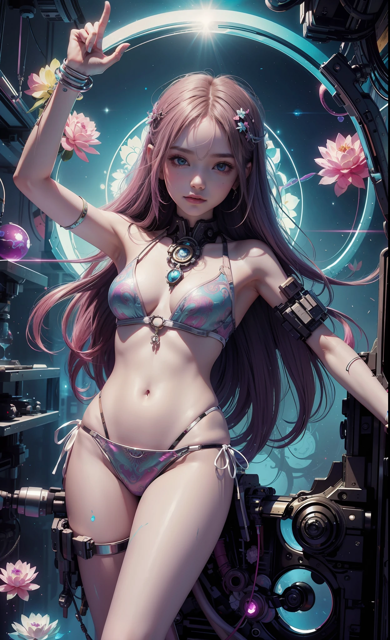 Masterpiece, Best Quality, Girls, Slender, Long Hair Spreading, White Skin, Medium, Cute, Sexy, Halo, Near Future, Bikini, Too Exposed Skin, Psychedelic, Trip, Highly Colored, Paisley, Highly Colored, Cyberspace, Cyberpunk, Disco, Mirror Ball, Heavenly World, Lotus Flower, Buddhism, Mandala Theme, Open Legs, Eyeshadow, False Lashes, Blushing, Mechanical Left Arm, SmileSystemic