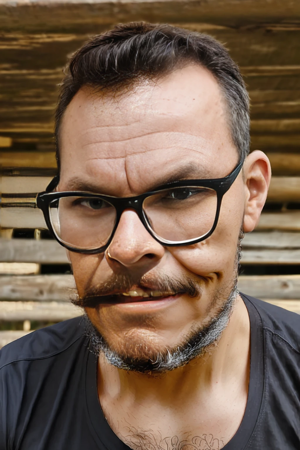 full frame, close portrait, rustic, male model, brunette man, ((glasses)), ((black t-shirt)), tanned and wrinkled skin, military style hair, lumberjack beard, dark brown eyes, (skin texture), skin pores, depth of field, sharp eye focus, backlit