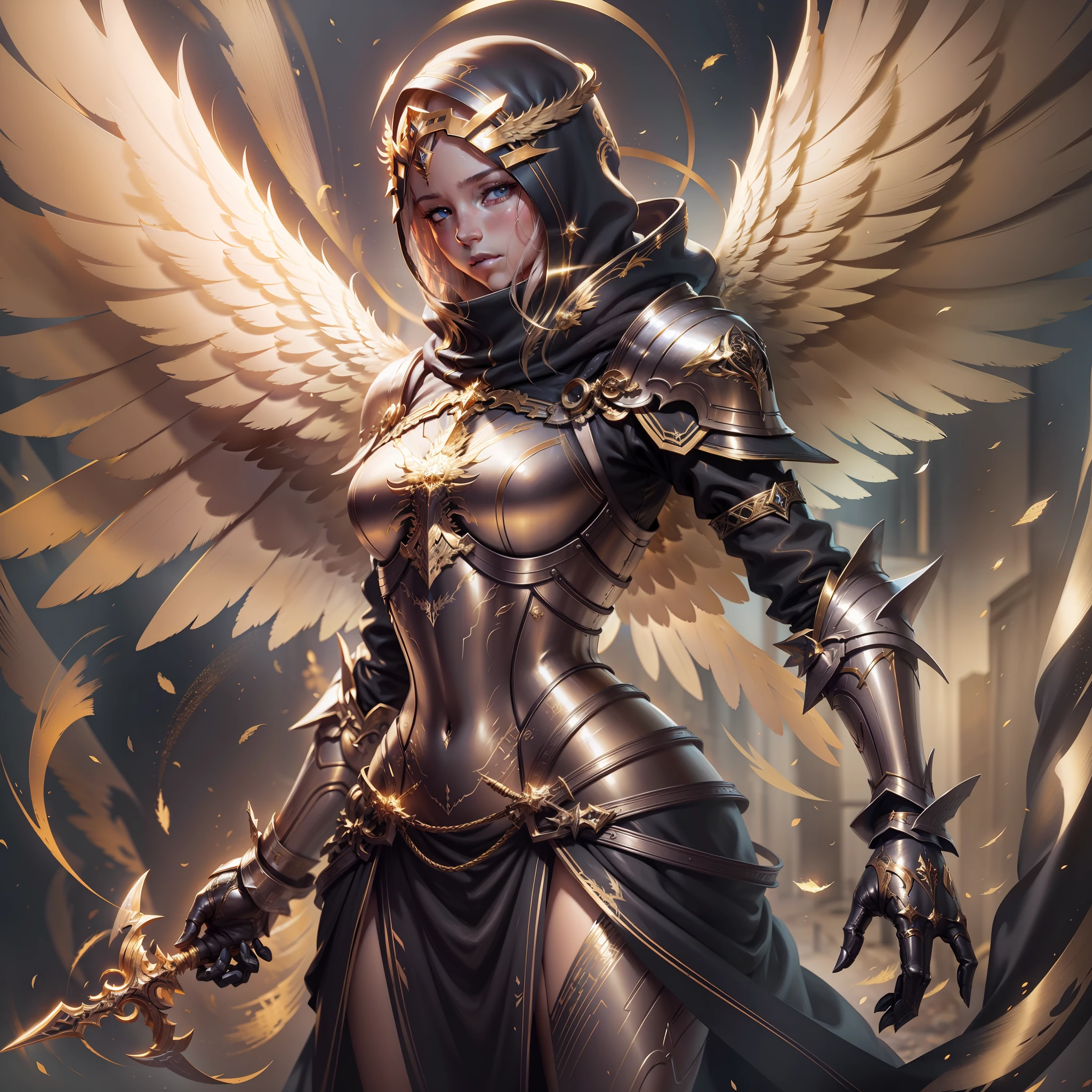 Golden armored angel, wings made of energy, metal halo, no face, hooded, gold, fantasy, concept art, ultra realistic, character art by greg rutkowski