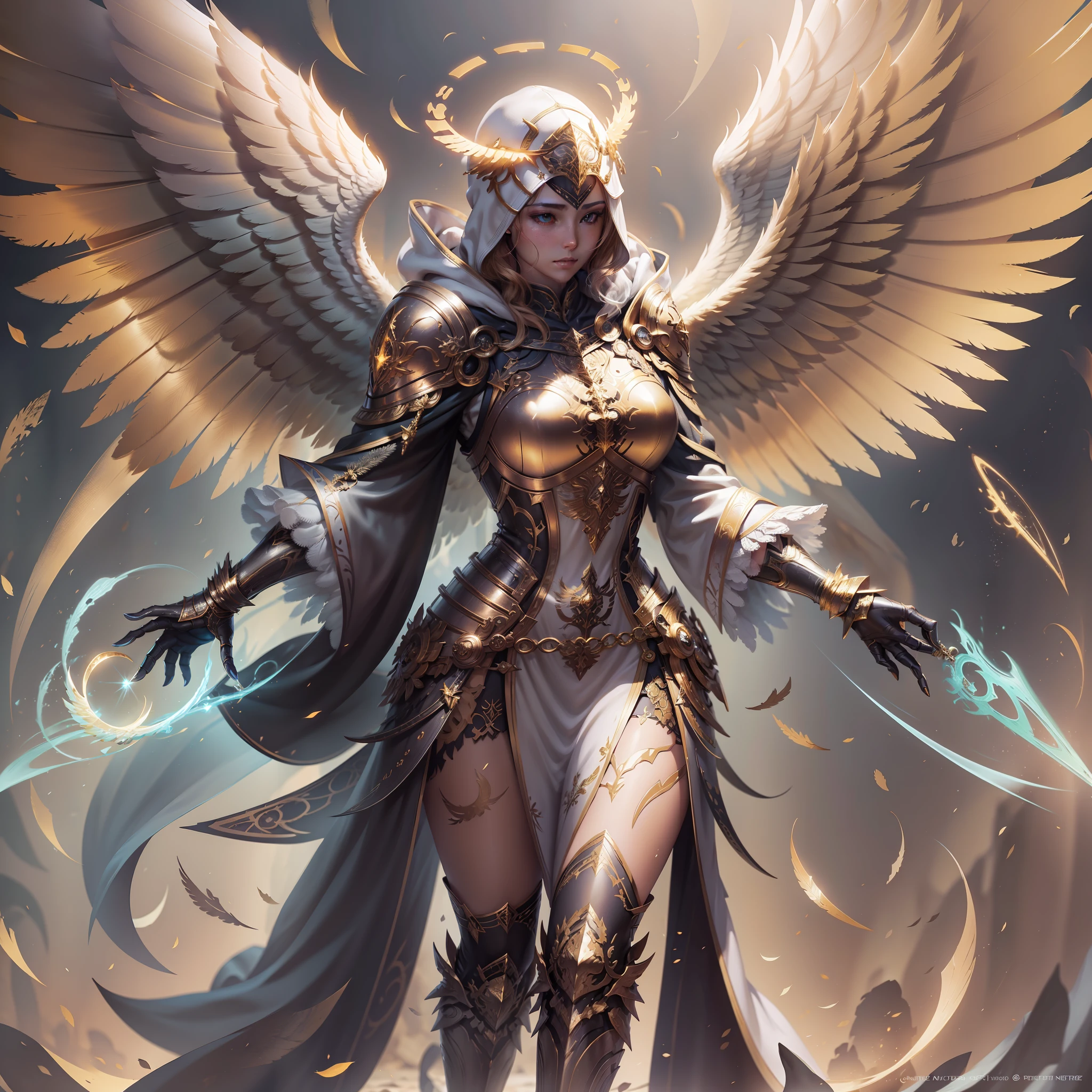 Golden armored angel, wings made of energy, metal halo, no face, hooded, gold, fantasy, concept art, ultra realistic, character art by greg rutkowski