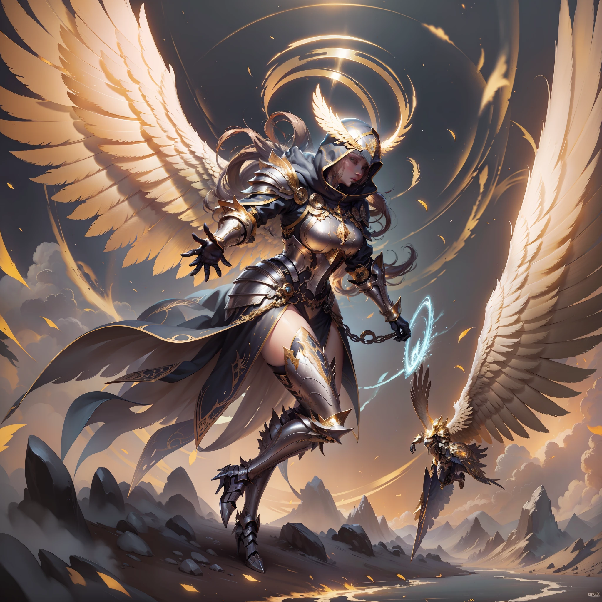 Golden armored angel, wings made of energy, metal halo, no face, hooded, gold, fantasy, concept art, ultra realistic, character art by greg rutkowski