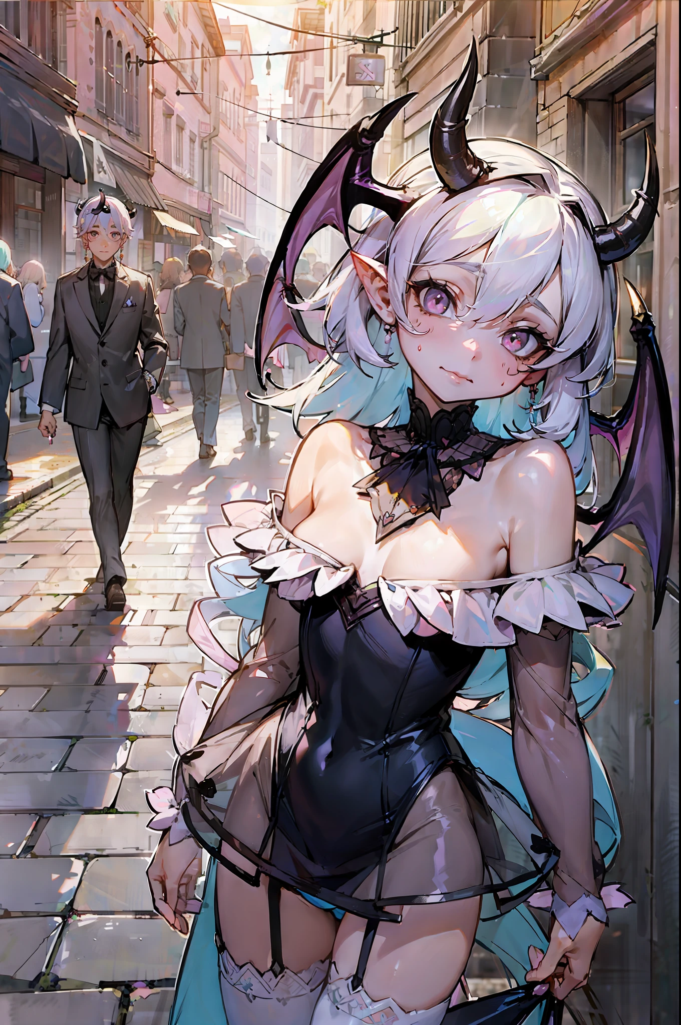 ///Story 
(succubus:1.5) is walking through a crowd with its head bowed. She is supposed to charm people as a succubus, but she can't charm anyone and she loses confidence. She is sad and frustrated, with mixed feelings. When she walks through the crowd, no one looks at her, but only one  boy stares at her, attracted to her. Only littleare attracted so I get depressed again,
BREAK

///background
(People coming and going,People after work and students,Nobody cares,So many people filling the streets:1.3)、
(Narrow streets surrounded by buildings,Various Buildings,Litter on the road.:1.3)、
(The setting sun shines in,Cubic Shadows,setting sun:1.4)、
trash can,street light,Various Shops,Only one boy is mesmerized and stares at the succubus.
BREAK

//character
(Succubus with small breasts,ultra detailed off shoulder embroidery dress,frilled,see-through,batten lace garter stockings:1.2)、
（ultra detailed little devil's feathers）
BREAK

//style
(pastel color:1.8), Rembrandt:1.4,Soft texture:1.2
BREAK
