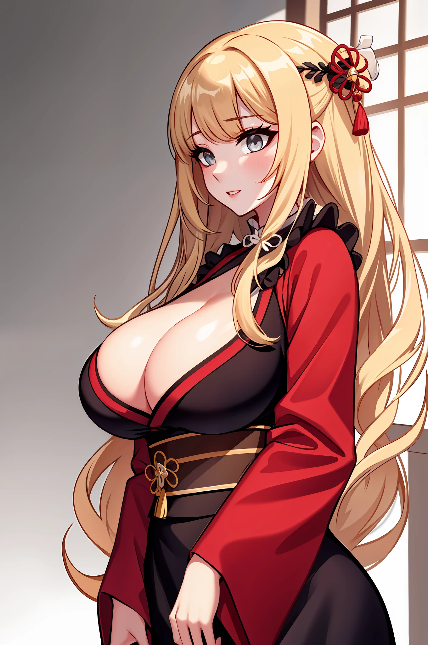 muff, blonde hair, very long hair, dark eyes, dress with neckline, big breasts, white background, wavy hair, cute outfit, chinese dress, haori, kimono, short kimono dress