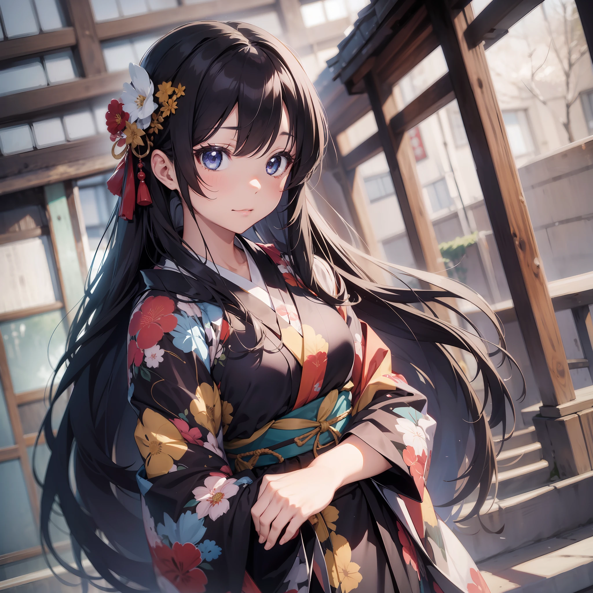 A beautiful [[beautiful Japanese]] girl with long [[long black hair]] wearing a kimono.--style Anime Girl