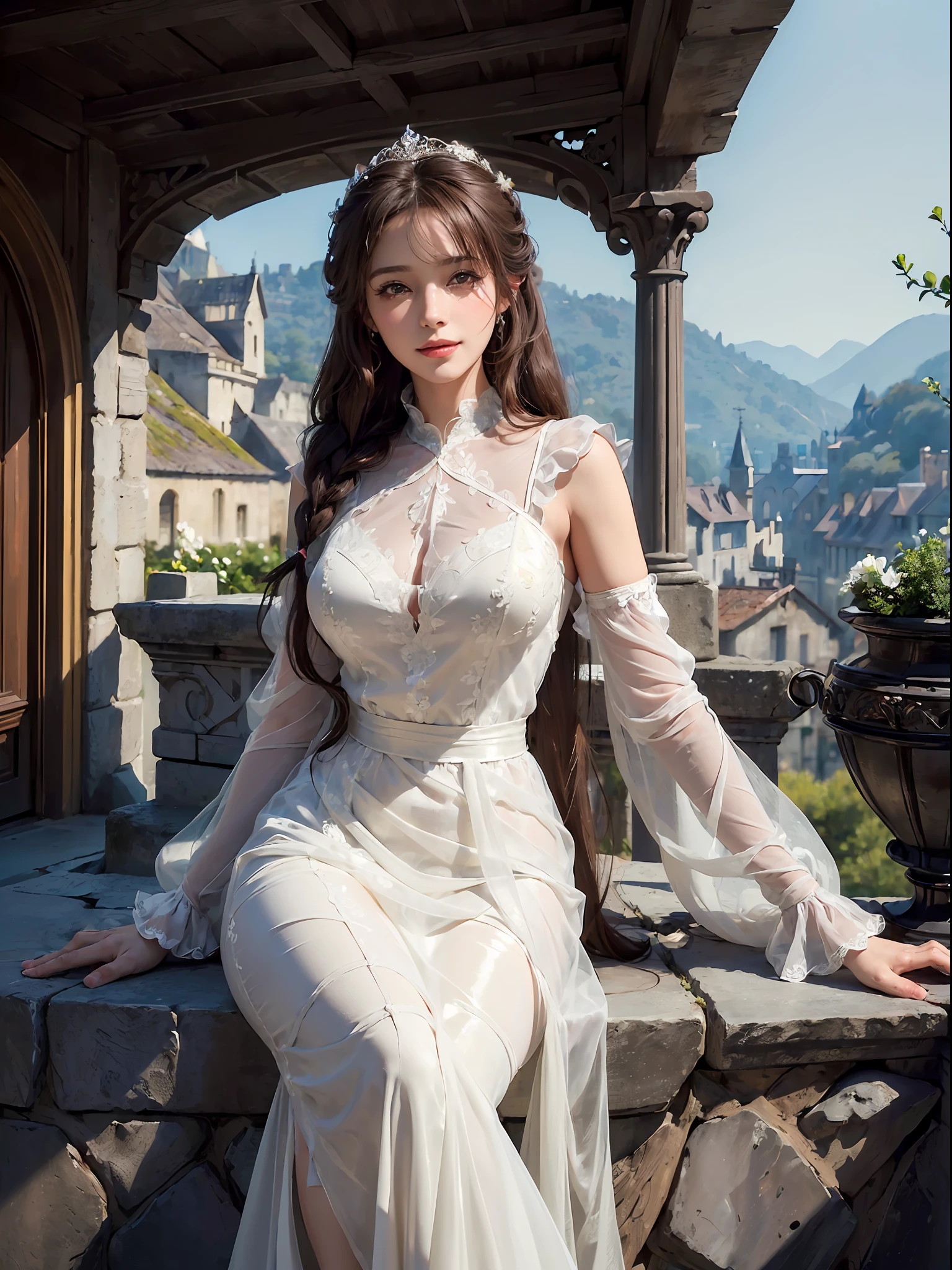 (((masterpiece))), (((best quality))), ((ultra-detailed)), ((extremely delicate and beautiful fabric)), (dark souls), (beautiful detailed woman), (long brown hair), side braid, (hair covering one eye), (brown eyes), girlfriend, excited smile, medium breasts, (white chiffon gown), red sash, beautiful details, petals, (french countryside background)