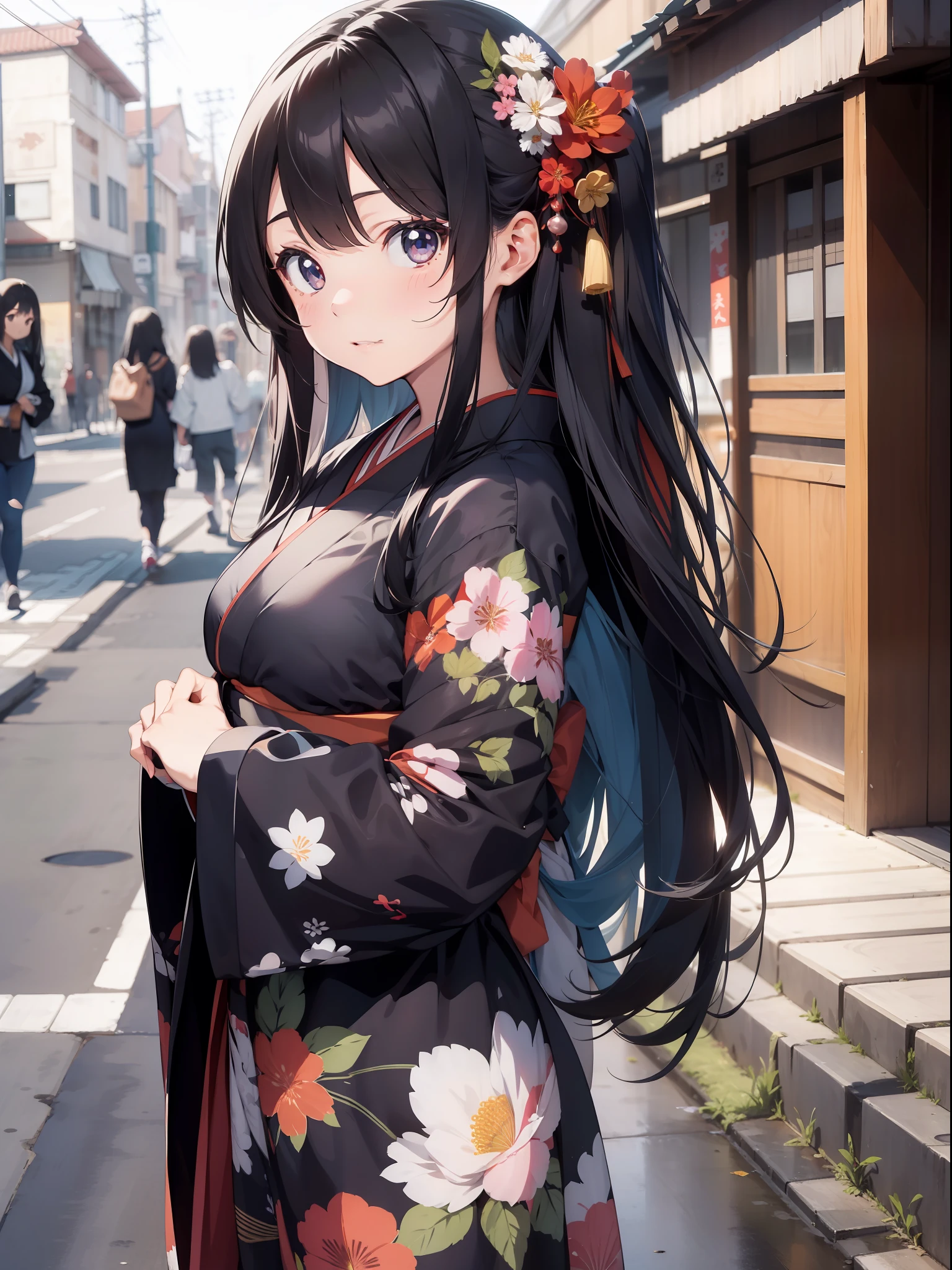 A beautiful [[beautiful Japanese]] girl with long [[long black hair]] wearing a kimono.--style Anime Girl