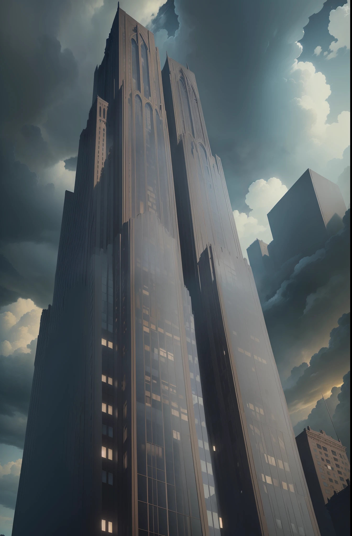 "(Extremely detailed architecture, masterpiece, best quality, impeccable attention to detail),(realistic brick texture, skyscraper),(gloomy sky, dramatic sky, dark clouds, dark and gloomy atmosphere),Full view"