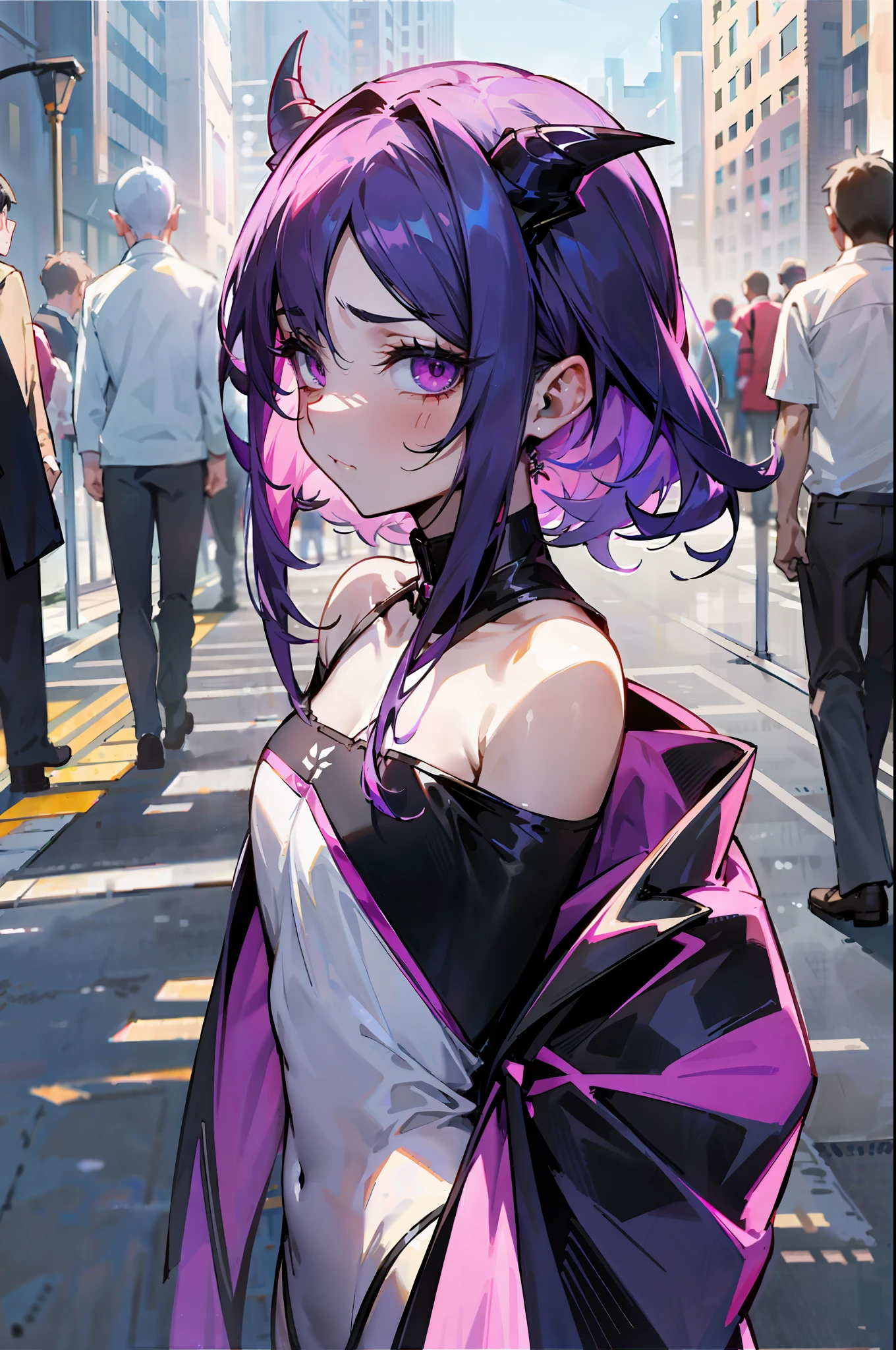 Story /// It's dusk and a succubus is walking through a crowd with its head bowed. She is supposed to charm people as a succubus, but she can't charm anyone and she loses confidence. She is sad and frustrated, with mixed feelings. When she walks through the crowd, no one looks at her, but only one little boy stares at her, attracted to her. Only little boys are attracted so I get depressed again,Pastel,Top quality,