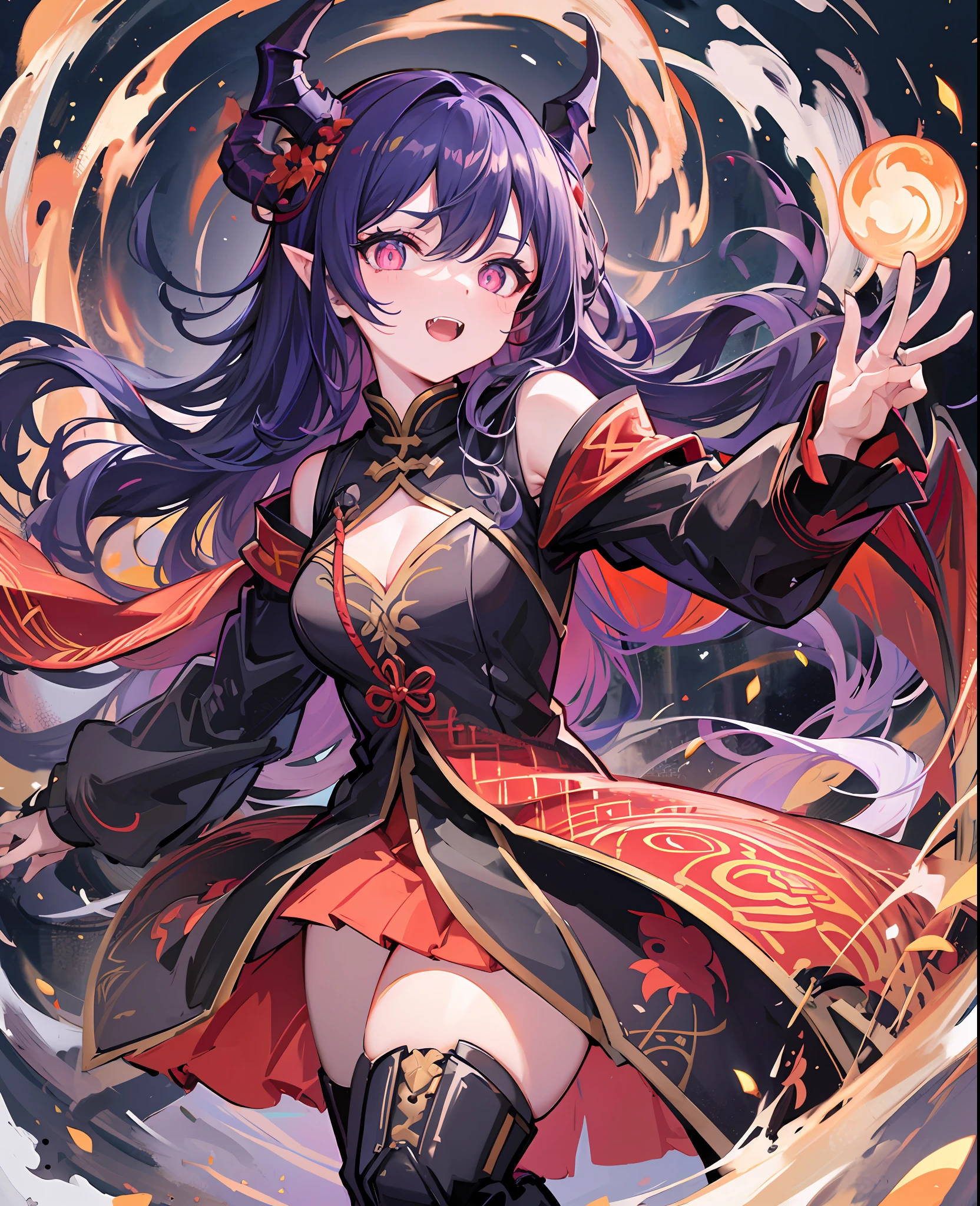 dragon girl,bright pupils,slit pupils,glowing eyes,fangs,armored_dress,dragon wings,wavy hair,floating hair,dragon horns,boots,tower,fighting stance,light persona,dark persona, , 最好的质量, 非常精细的细节, 最高分辨率,8k