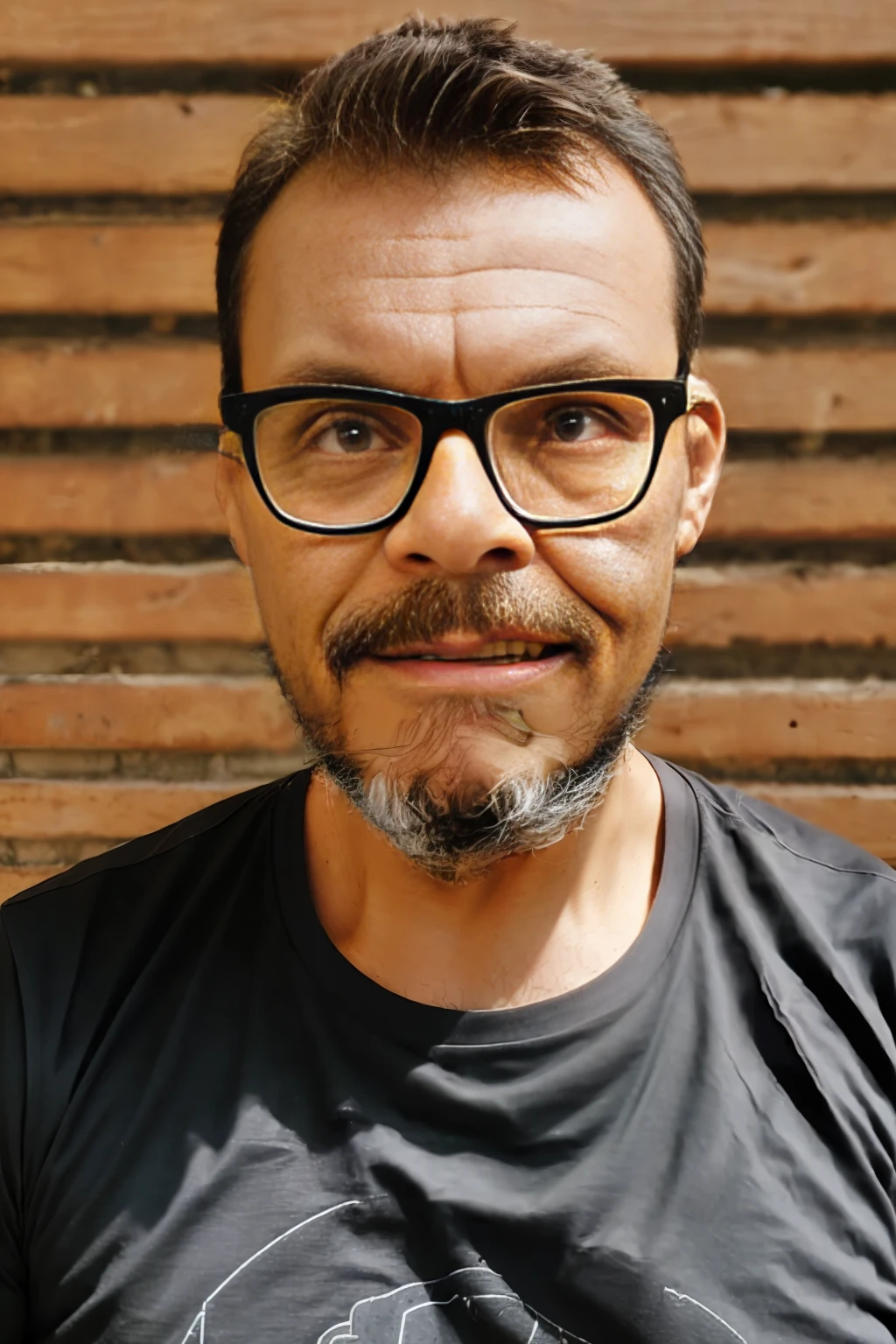 full frame, close portrait, rustic, male model, brunette man, ((glasses)), ((black t-shirt)), tanned and wrinkled skin, military style hair, lumberjack beard, dark brown eyes, (skin texture), skin pores, depth of field, sharp eye focus, backlit