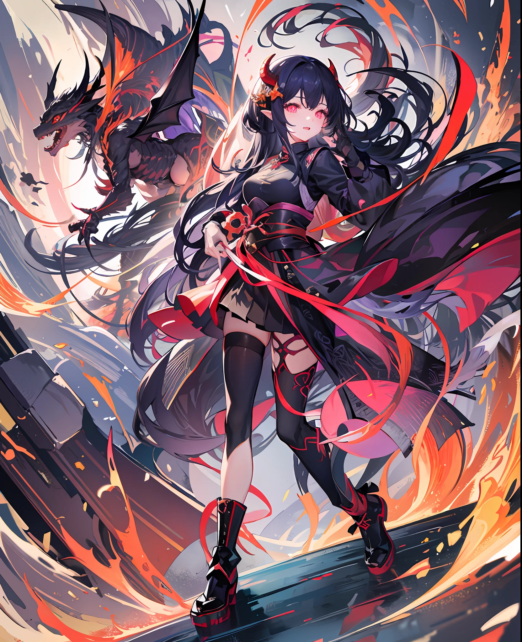 dragon girl,bright pupils,slit pupils,glowing eyes,fangs,armored_dress,dragon wings,wavy hair,floating hair,dragon horns,boots，tower,fighting stance,light persona,dark persona, , 最好的质量, 非常精细的细节, 最高分辨率，8k