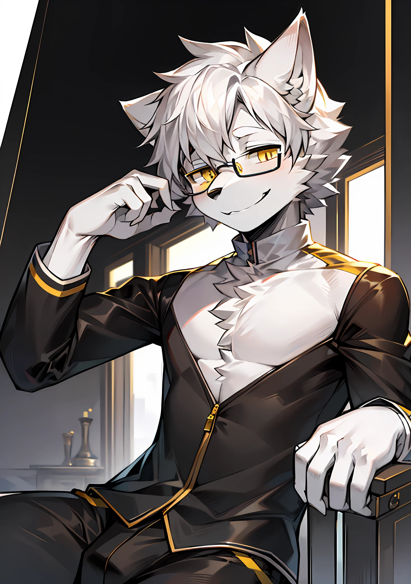 Highest quality, high resolution, high rendering precision, wolf, gray and white color scheme, white ears, yellow pupils, wearing black-framed glasses, male, single, teenager, upper body, handsome, smiling