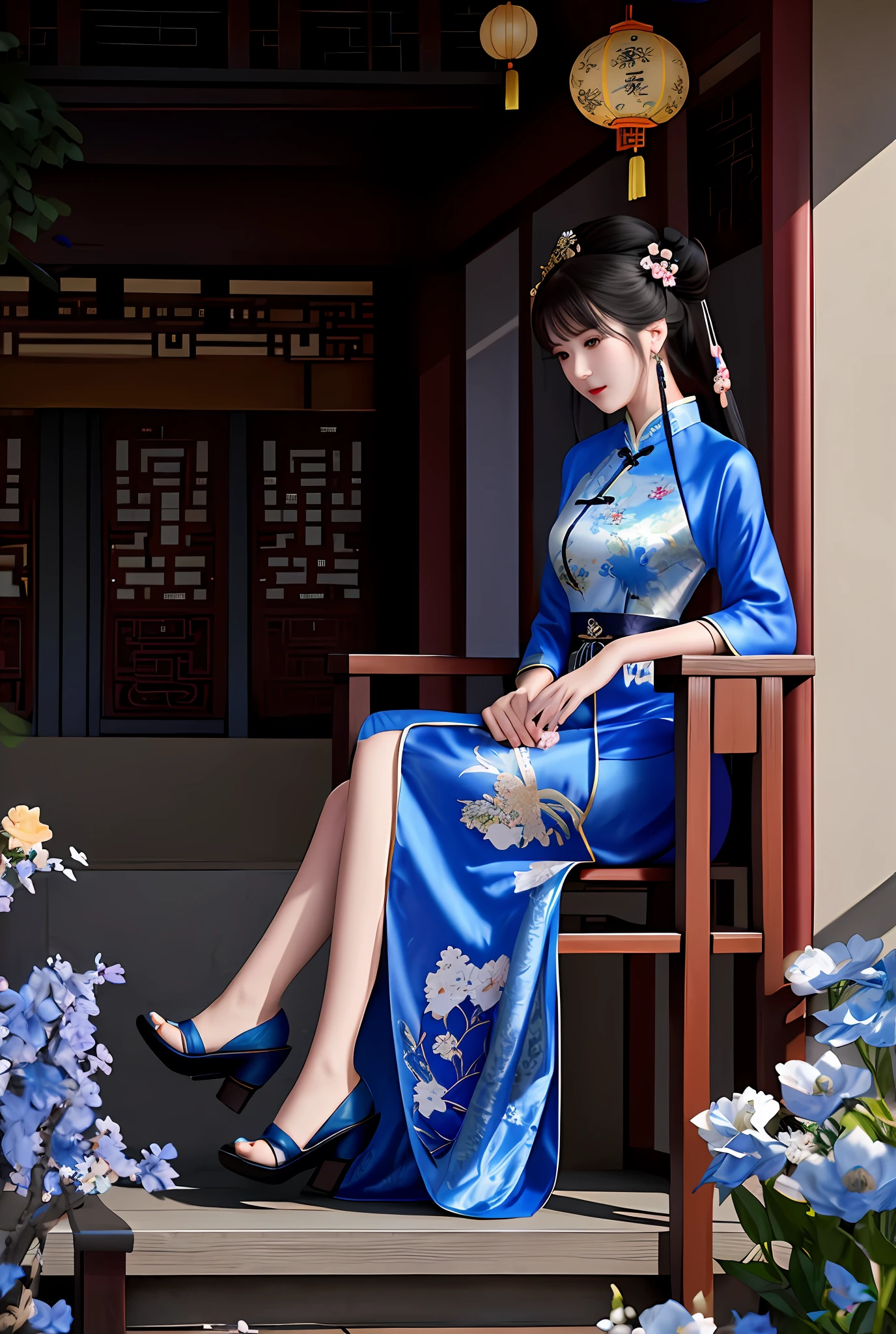 there is a woman sitting on a porch holding a fan, wearing a blue qipao dress, cheongsam, in a blue qipao, with acient chinese clothes, chinese woman, chinese girl, traditional chinese clothing, chinese dress, traditional chinese, chinese style, palace , a girl in hanfu, beautiful asian woman sitting, elegant japanese woman, elegant pose
