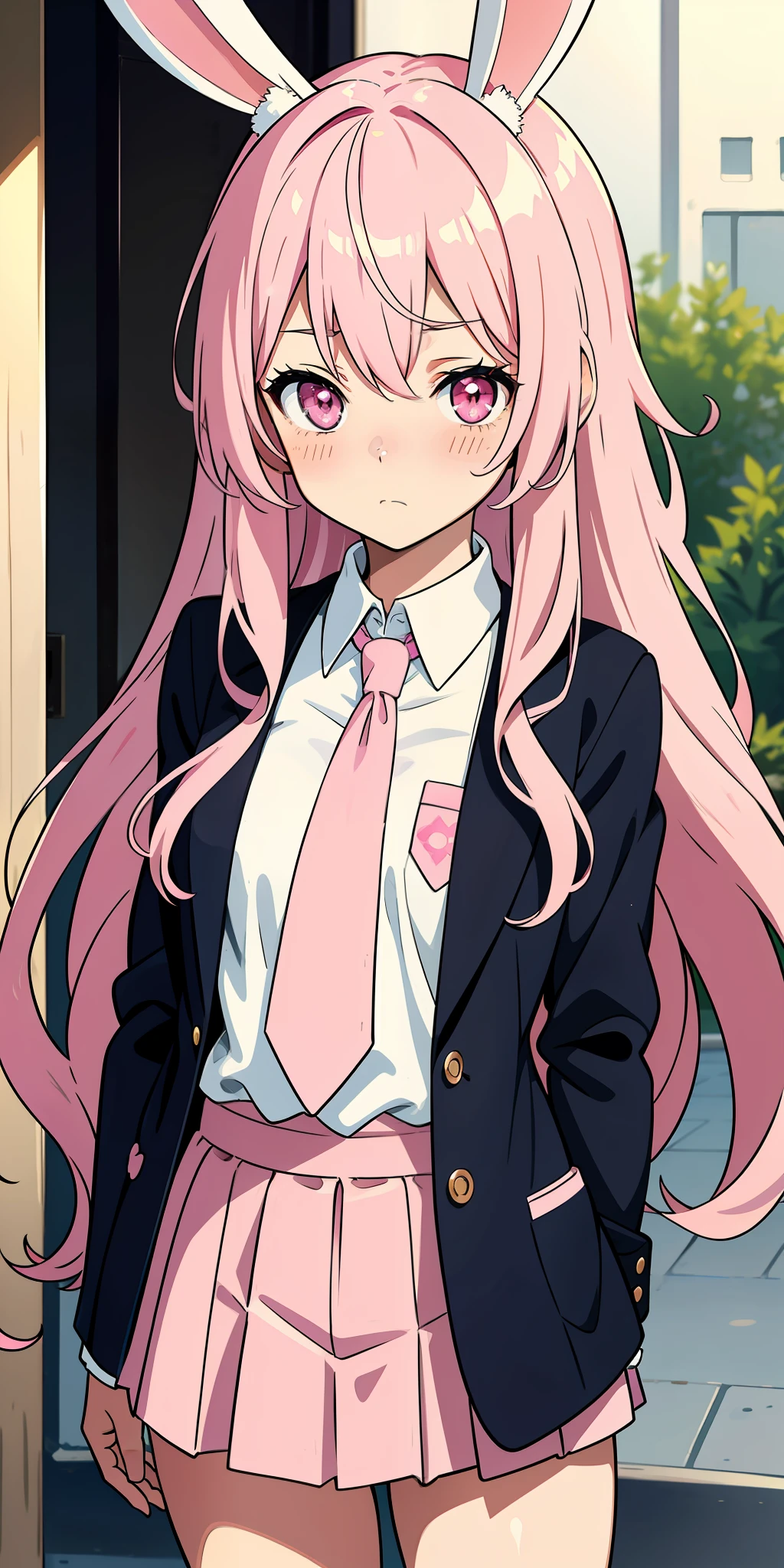 Anime girl with pink hair and bunny ears in pink tie, pink eyes, shy blush