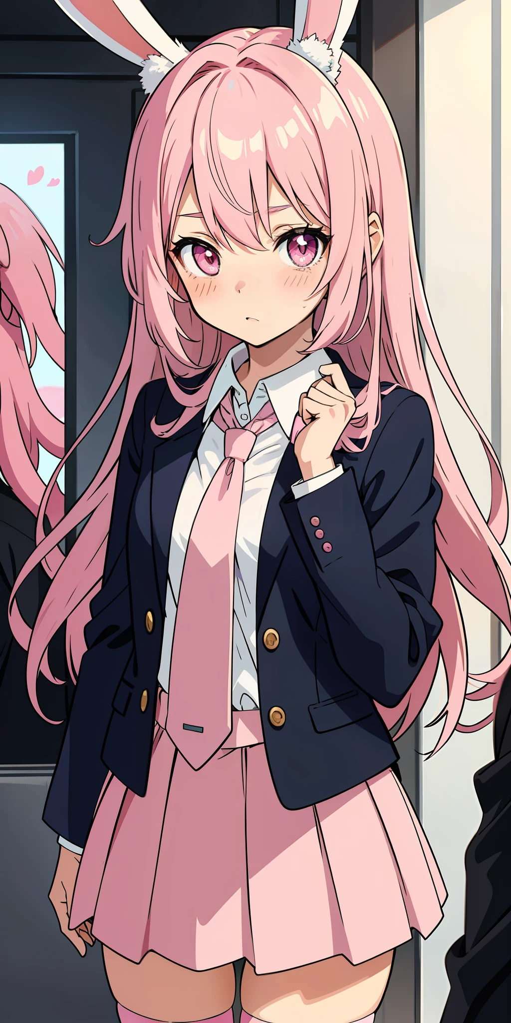 Anime girl with pink hair and bunny ears in pink tie, pink eyes, shy blush
