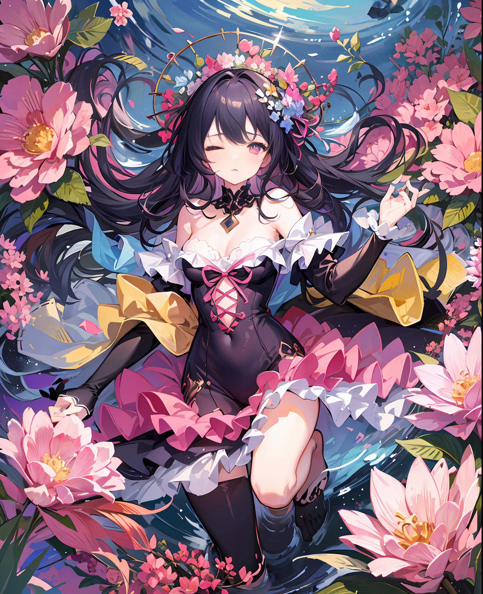 1 girl, lying, lying in a sea of flowers, long hair, beautiful, slender, rococo pink dress, colorful, double-layered, pink bow on chest, well-proportioned body type, lolita, five fingers, five toes, eyes closed, bare shoulders, sea of flowers, art, romanticism, perspective from top to bottom, three views, exquisite background, colors, epic composition, intricate details, masterpiece, vista, ultra-wide angle, full body