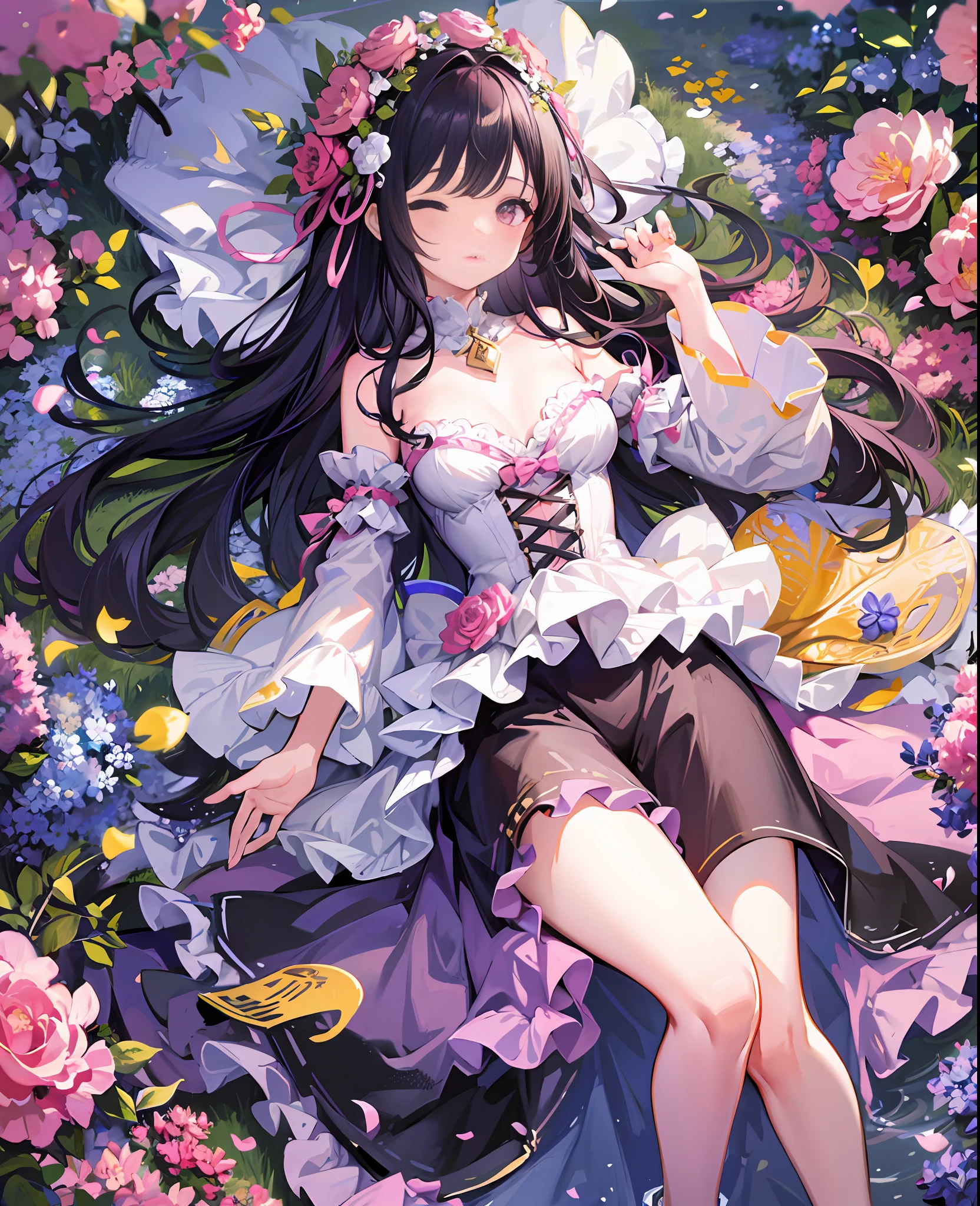 1 girl, lying, lying in a sea of flowers, long hair, beautiful, slender, rococo pink dress, colorful, double-layered, pink bow on chest, well-proportioned body type, lolita, five fingers, five toes, eyes closed, bare shoulders, sea of flowers, art, romanticism, perspective from top to bottom, three views, exquisite background, colors, epic composition, intricate details, masterpiece, vista, ultra-wide angle, full body