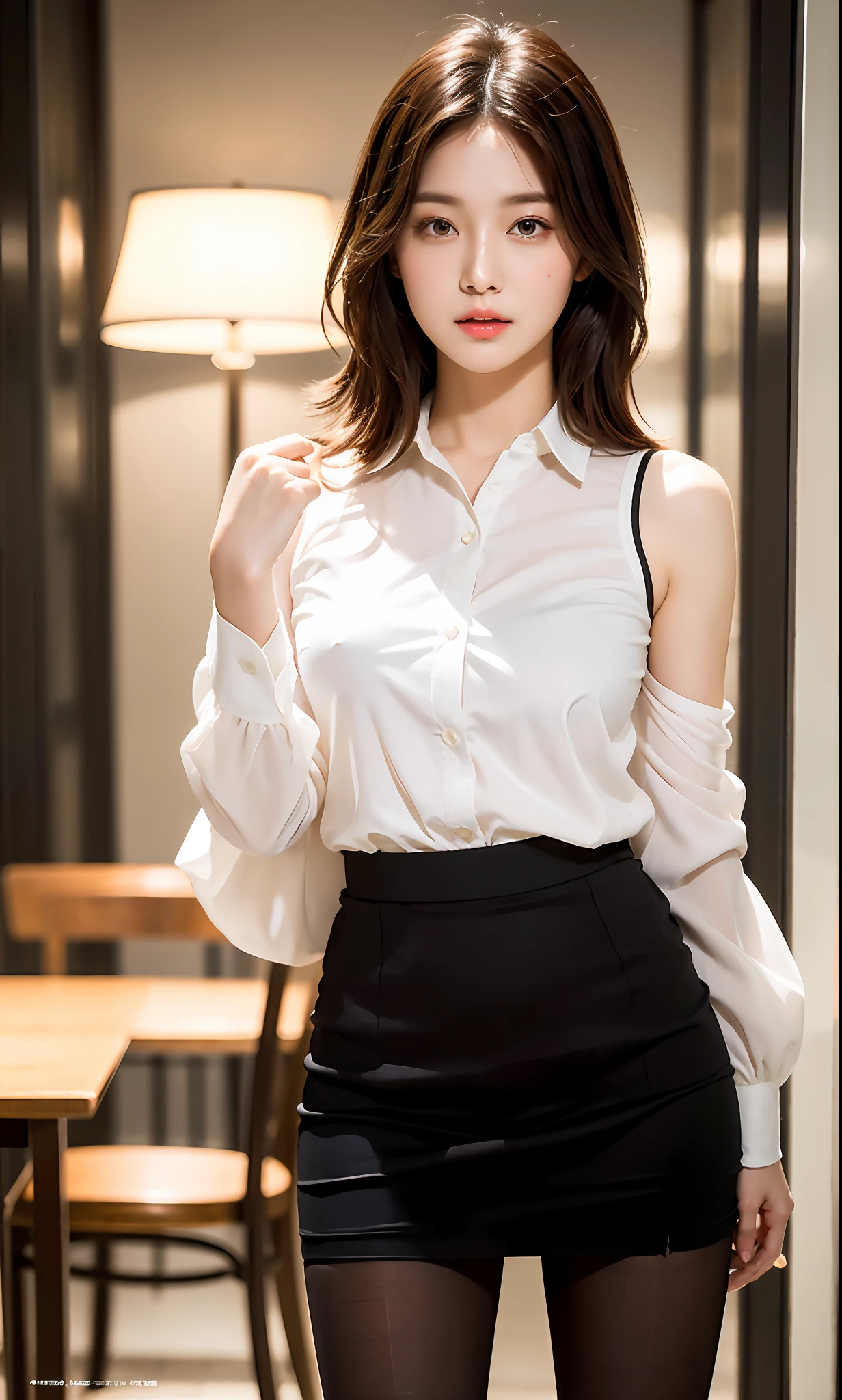 ulzzang-6500-v1.1, (Raw photo: 1.2), (Photorealistic: 1.4), Beautiful detailed girl, Highly detailed eyes and face, Beautiful detailed eyes, Ridiculous, incredibly ridiculous, Huge file size, super detailed, High resolution, Very detailed, top quality, Masterpiece, ((Fashion clothes of diverse colors)), illustration, highly detailed, CG, unification, 8k wallpaper, amazing, fine details, masterpiece, top quality, highly detailed CG uniform 8k wallpaper, light on face, movie lighting, 1 girl, , shoulder-length unbalanced bob, side split, (big), (no panties)), ((dynamic pose))), ((sexy pose))), (camel toe), (half), (pantyhose)), ((black hip skirt)) , Detailed beautiful face, petite and delicate figure, dynamic pose, perfect anatomy, natural eyes