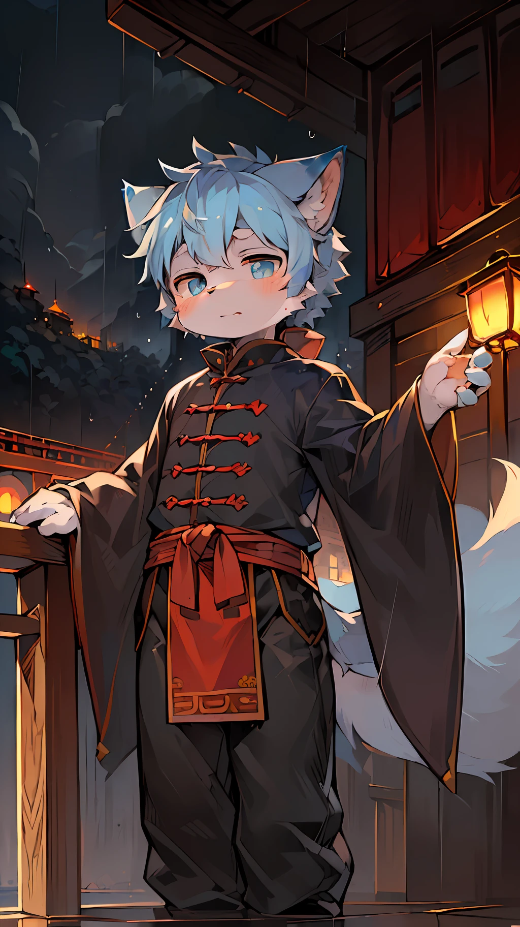 Masterpiece, high quality, absurd resolution, digital painting \ (artwork \), dagasi, yupa, kiyosan, (fluffy fur: 1.1), (brightness: 0.8), anthro male cat. (dark eyes, gray-blue fur, full body fur, cat nose: 1.2), bright eyes, panorama, character focus. Detailed background, (Chinese style clothes, handsome, sabre: 1.2), (rainy days, bridge: 1.2)