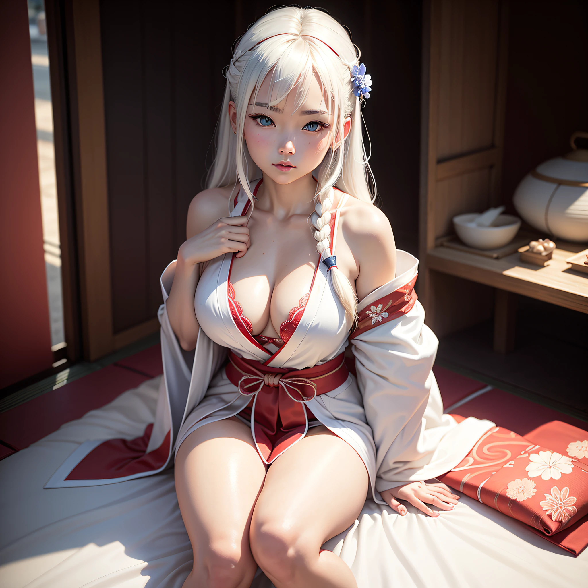 I gril, realistic, white, graçs thighs, straight and long hair of white color, open white kimono, neckline, panties, grnades breasts, Japanese word love written in red on the pupils of the character's blue eyes, sitting on the bed in a sensual way, posed for photo, small bra, Japanese New Year festival --auto --s2