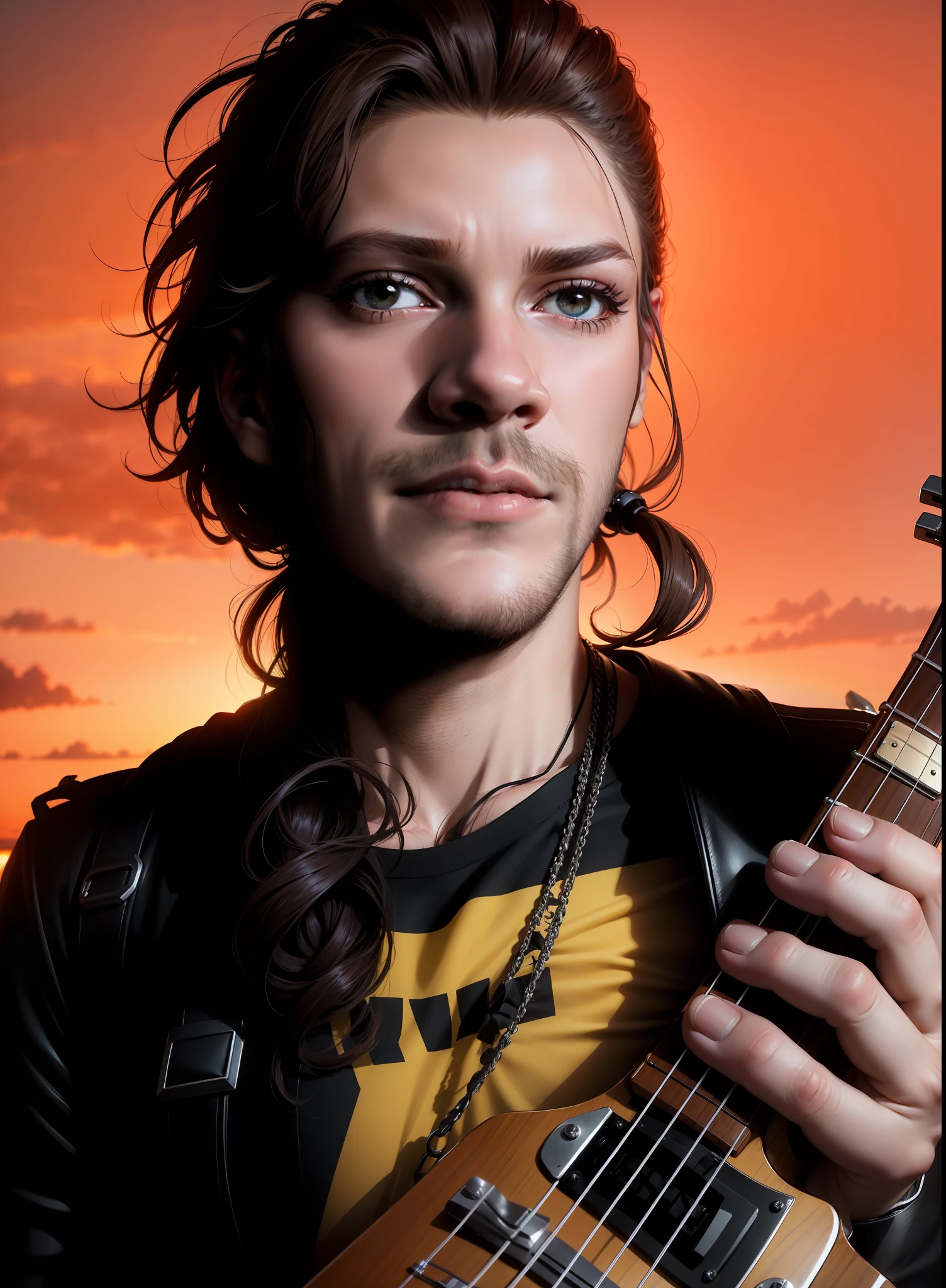 Fill image, create hair as realistic as possible, Rock Star style, open sky, best quality, realistic, 8k