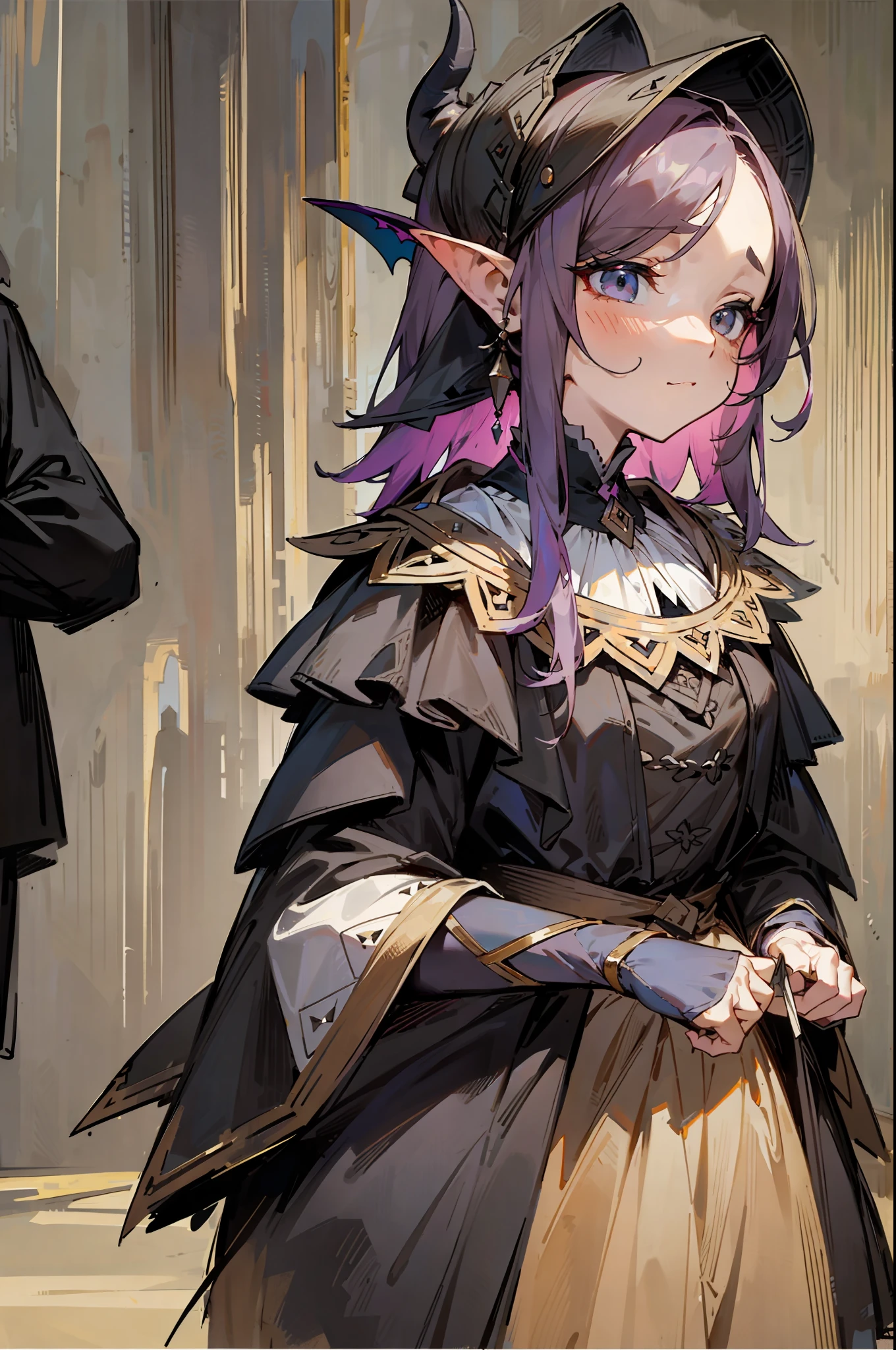 Story /// It's dusk and a succubus is walking through a crowd with its head bowed. She is supposed to charm people as a succubus, but she can't charm anyone and she loses confidence. She is sad and frustrated, with mixed feelings. When she walks through the crowd, no one looks at her, but only one stares at her, attracted to her. I get depressed again because only little boyacted,Rembrandt,Pastel,Top quality,