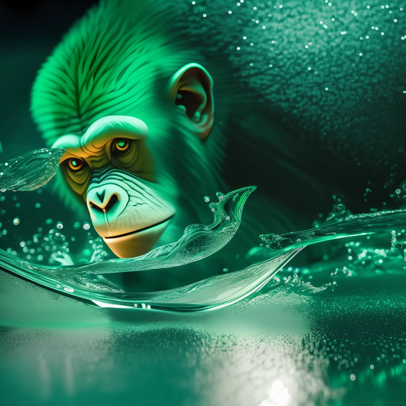 green watery liquid melting from a chimpanzee semi-transparent green color, AI generated, action, cinematic, matrix filter, photorealistic, 8k , hyperrealistic , octane render, unreal engine, Lighting dramatic, dark, dark night Enigmatic, 8k, cinematic character, side view from below, Macro photography, 35mm lens, still film photography, shot with canon  3:2 --auto --s2