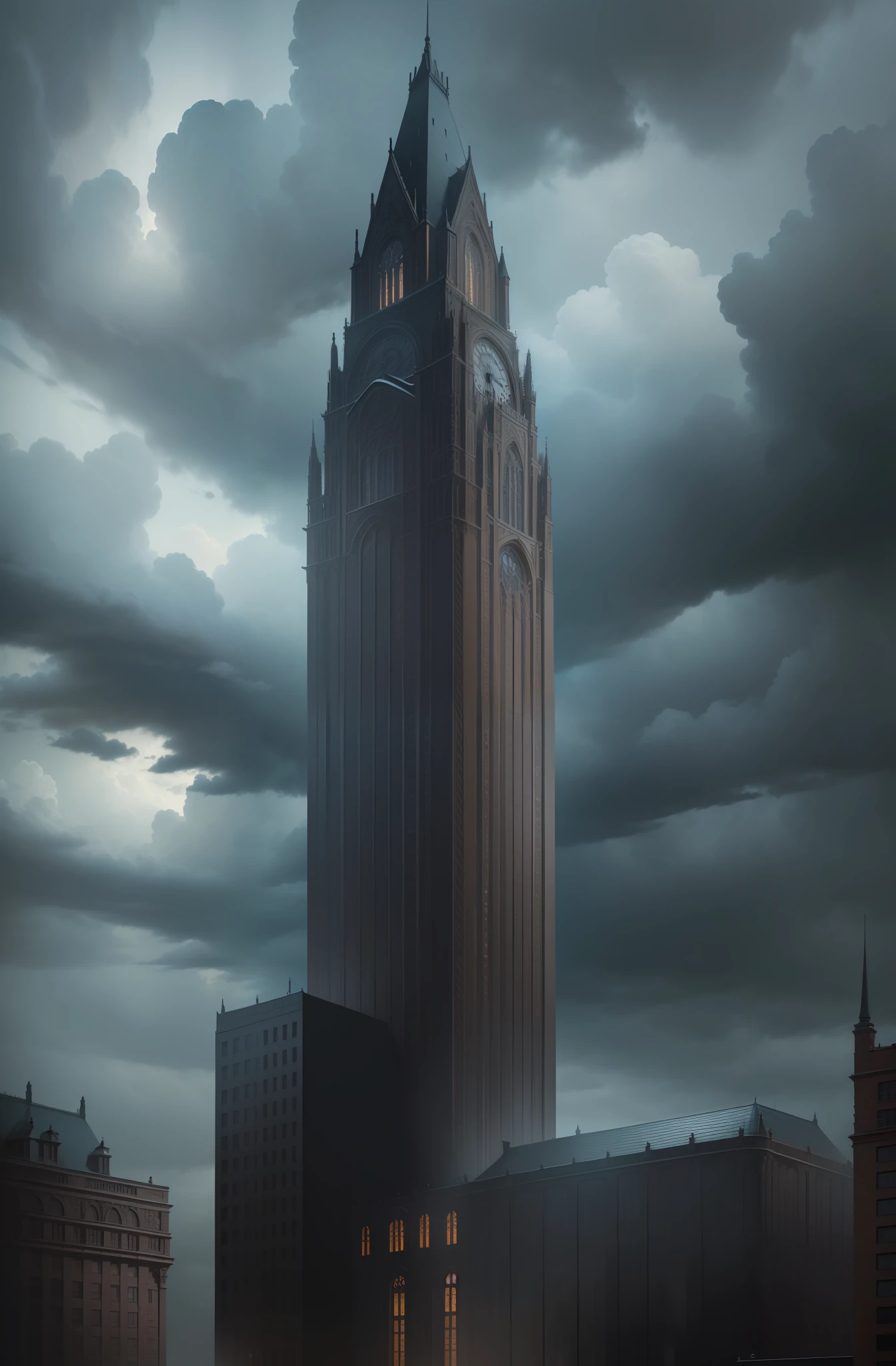 "(Extremely detailed architecture, masterpiece, best quality, impeccable attention to detail),(realistic brick texture, skyscraper),(gloomy sky, dramatic sky, dark clouds, dark and gloomy atmosphere),full view"