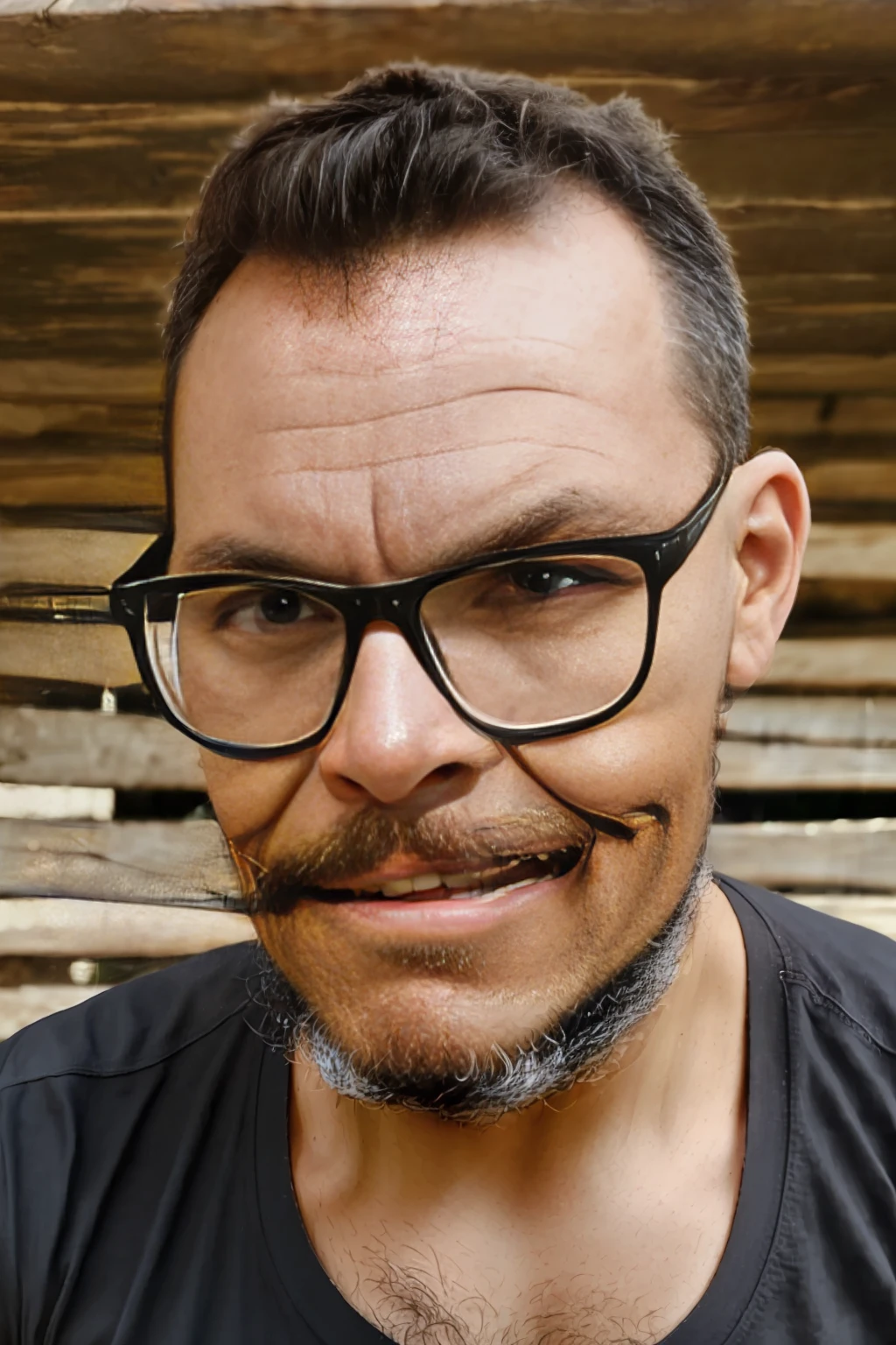 full frame, close portrait, rustic, male model, brunette man, ((glasses)), ((black t-shirt)), tanned and wrinkled skin, military style hair, lumberjack beard, dark brown eyes, (skin texture), skin pores, depth of field, sharp eye focus, backlit